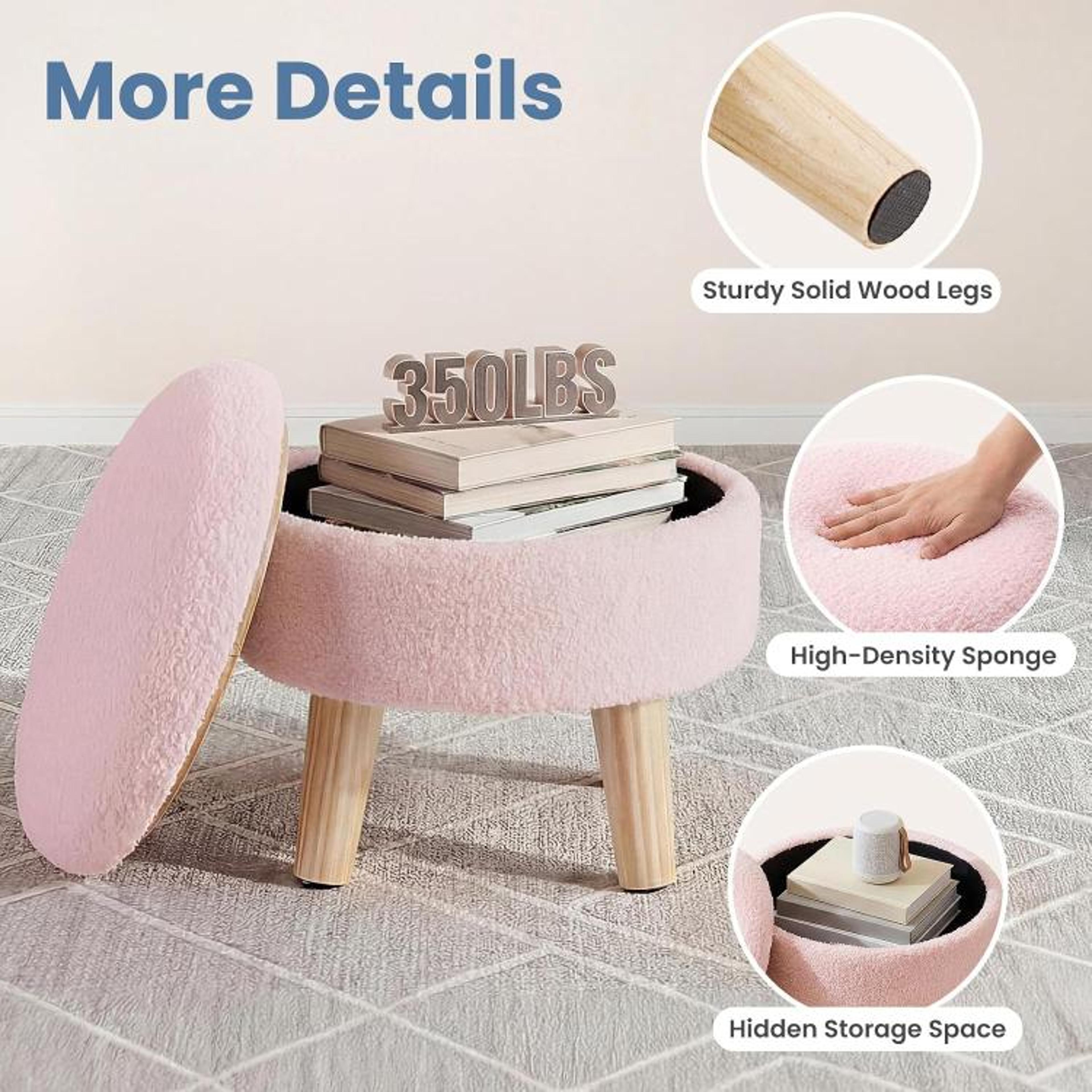 Round Storage Ottoman Footstool With Boucle Upholstery And Padded Lid Pink 4