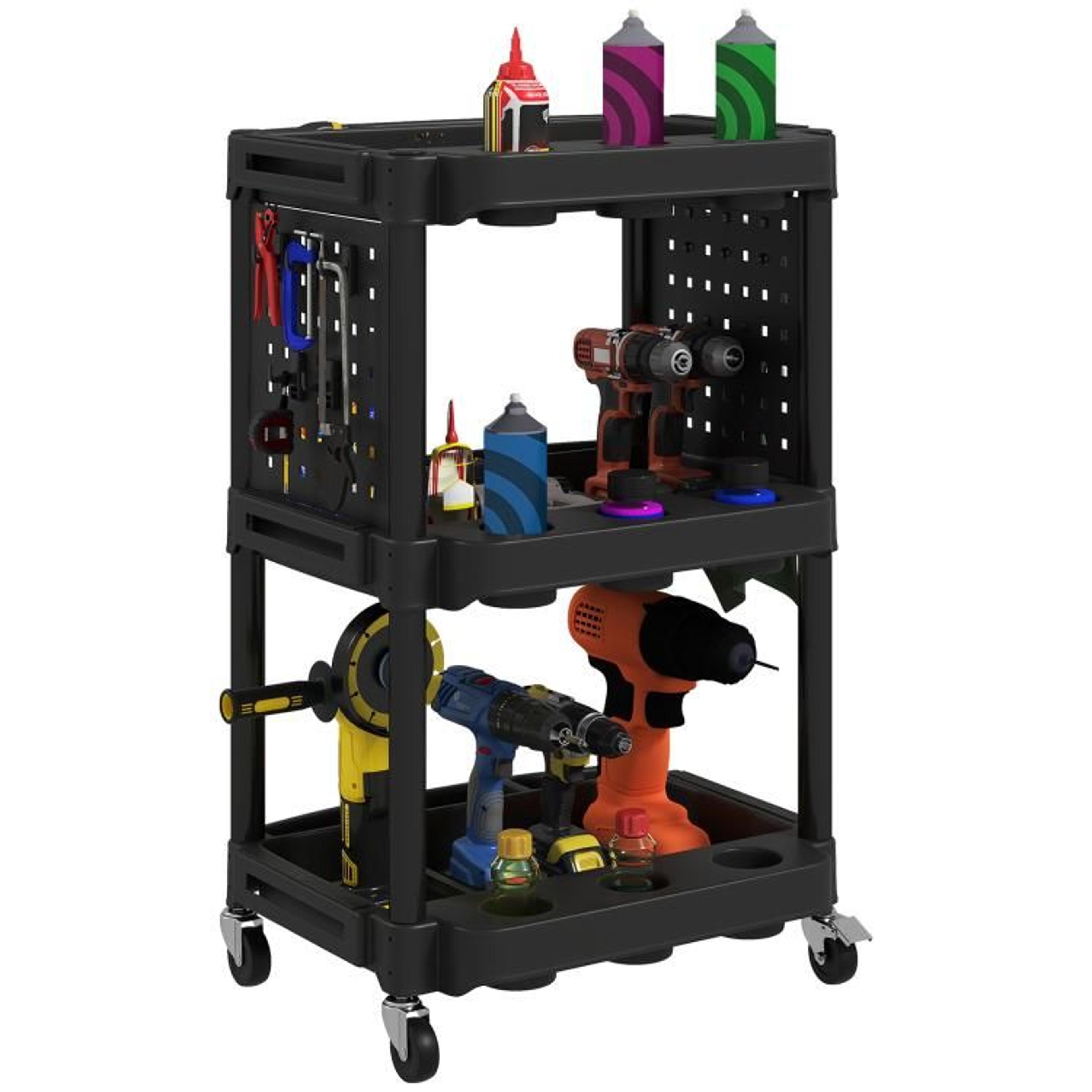 3-tier rolling tool cart with 200 lb capacity and side storage shelves