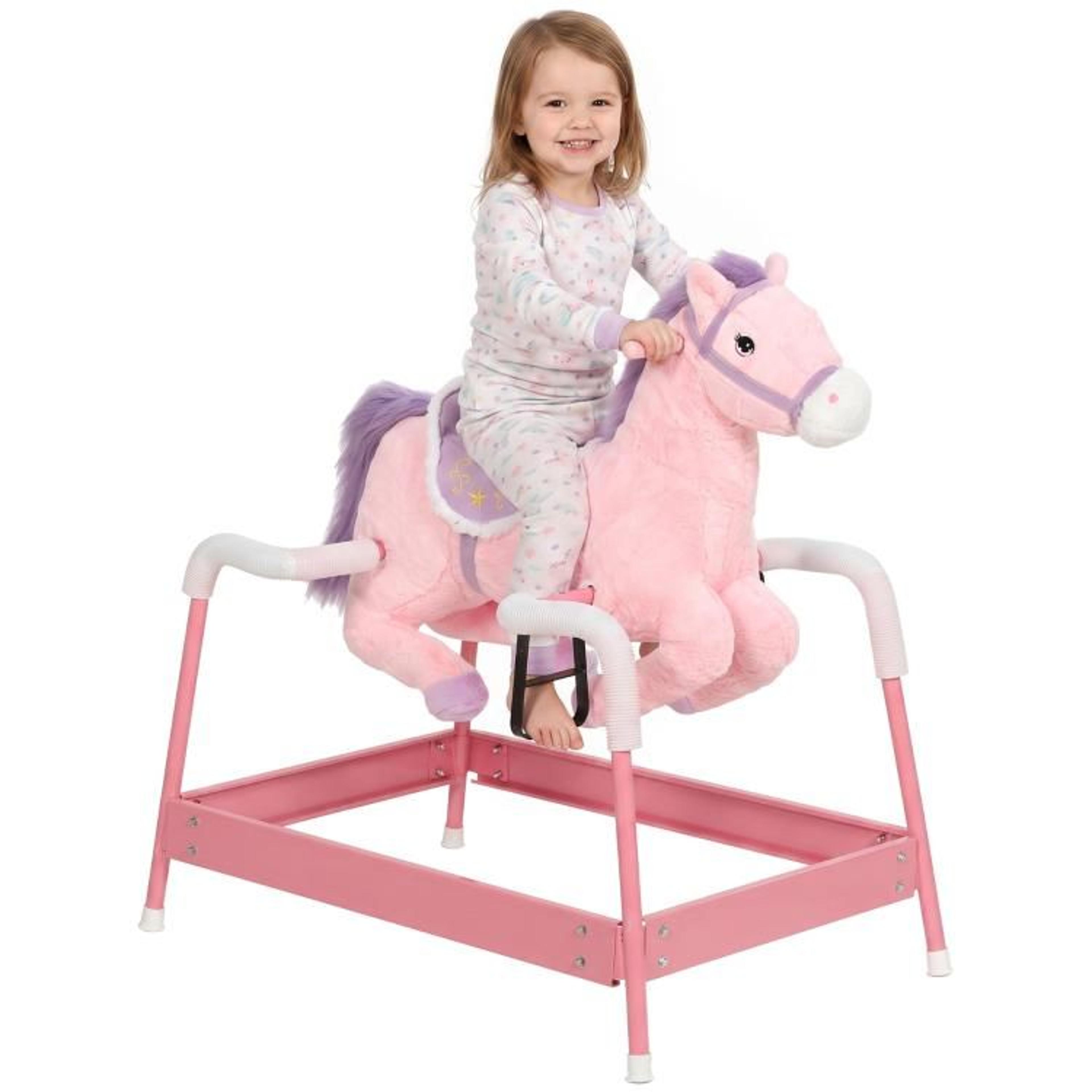 kids spring rocking horse with neighing sounds and plush pink design