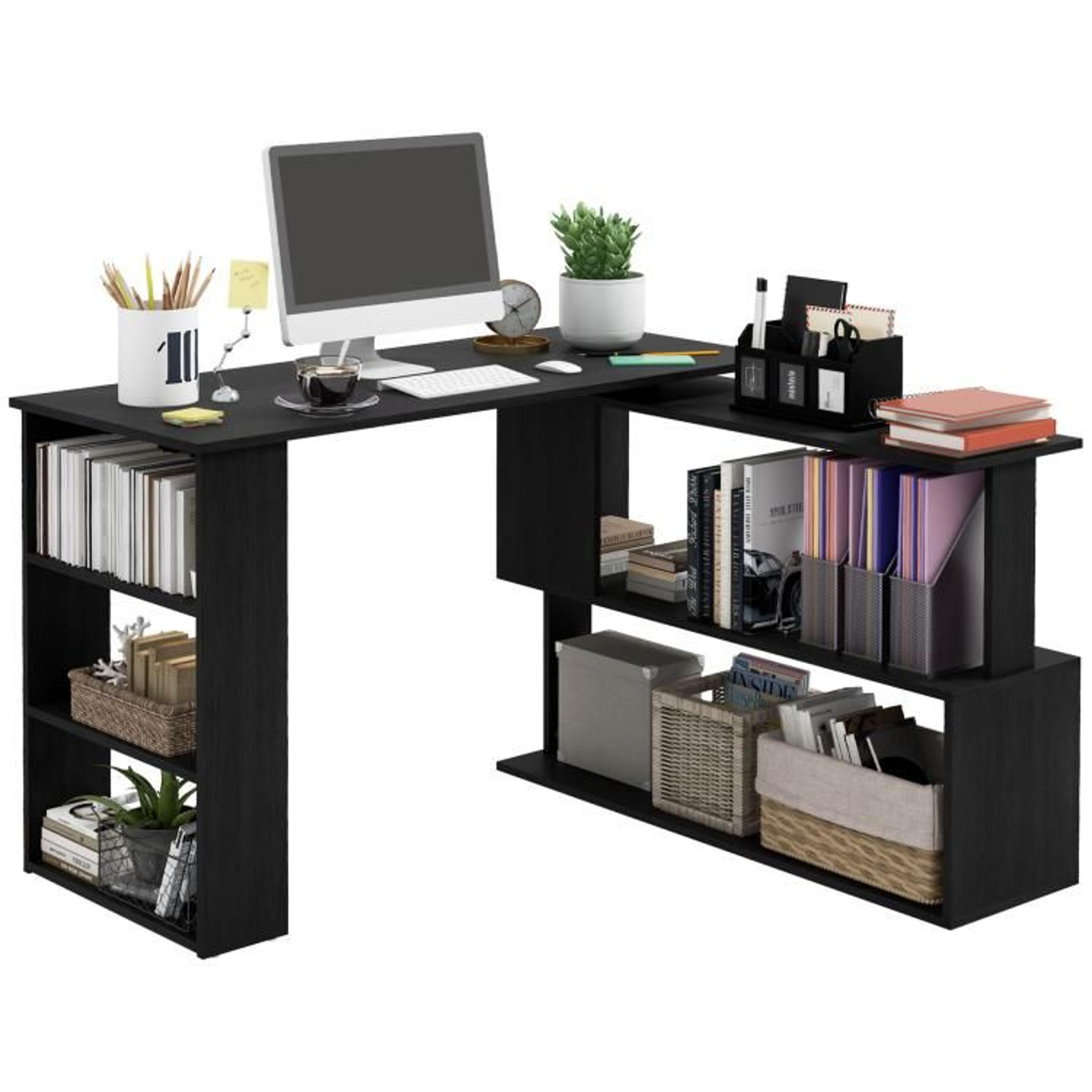 l shaped corner computer desk with 360° rotating design and storage shelves