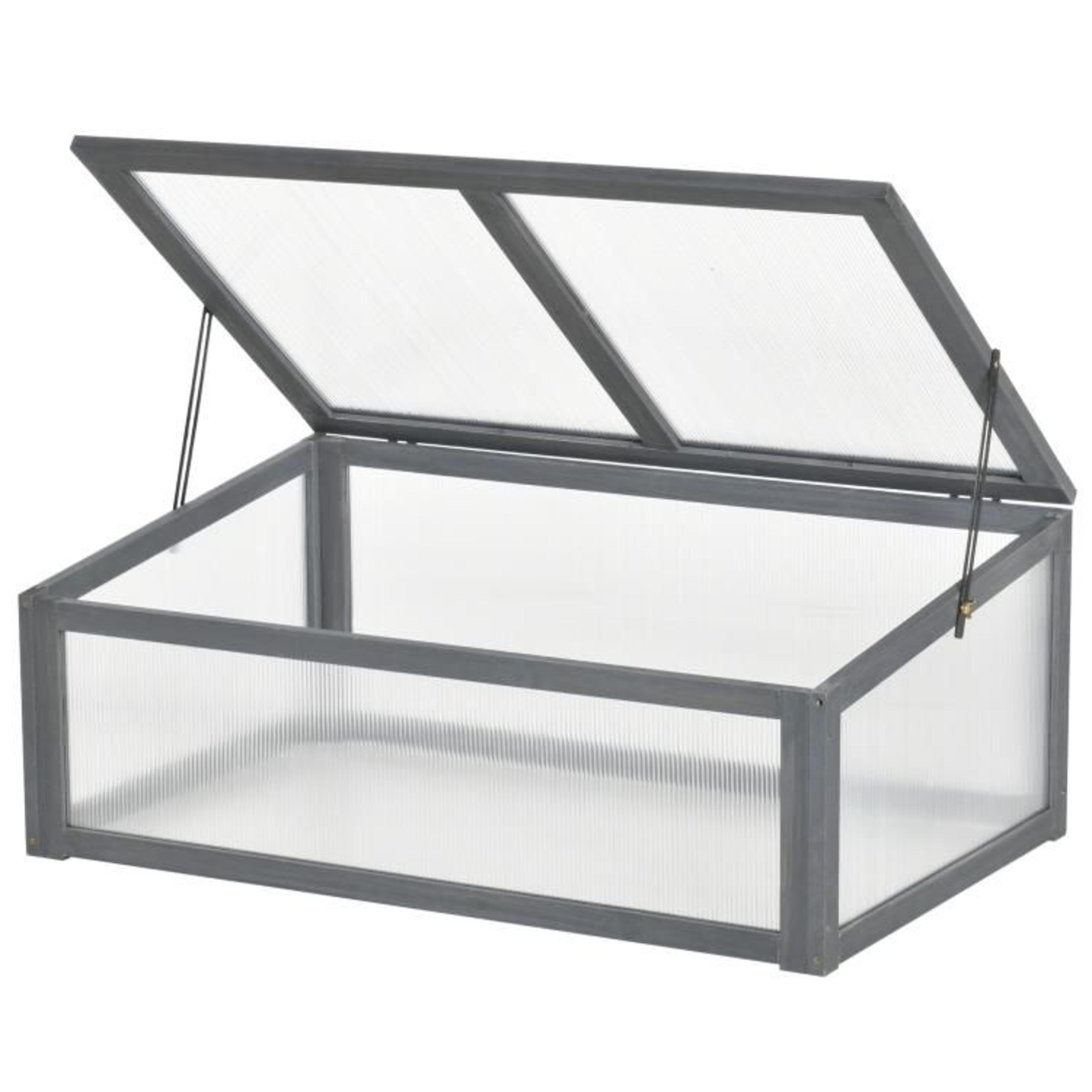 wooden cold frame greenhouse with polycarbonate panels and ventilated top  gray