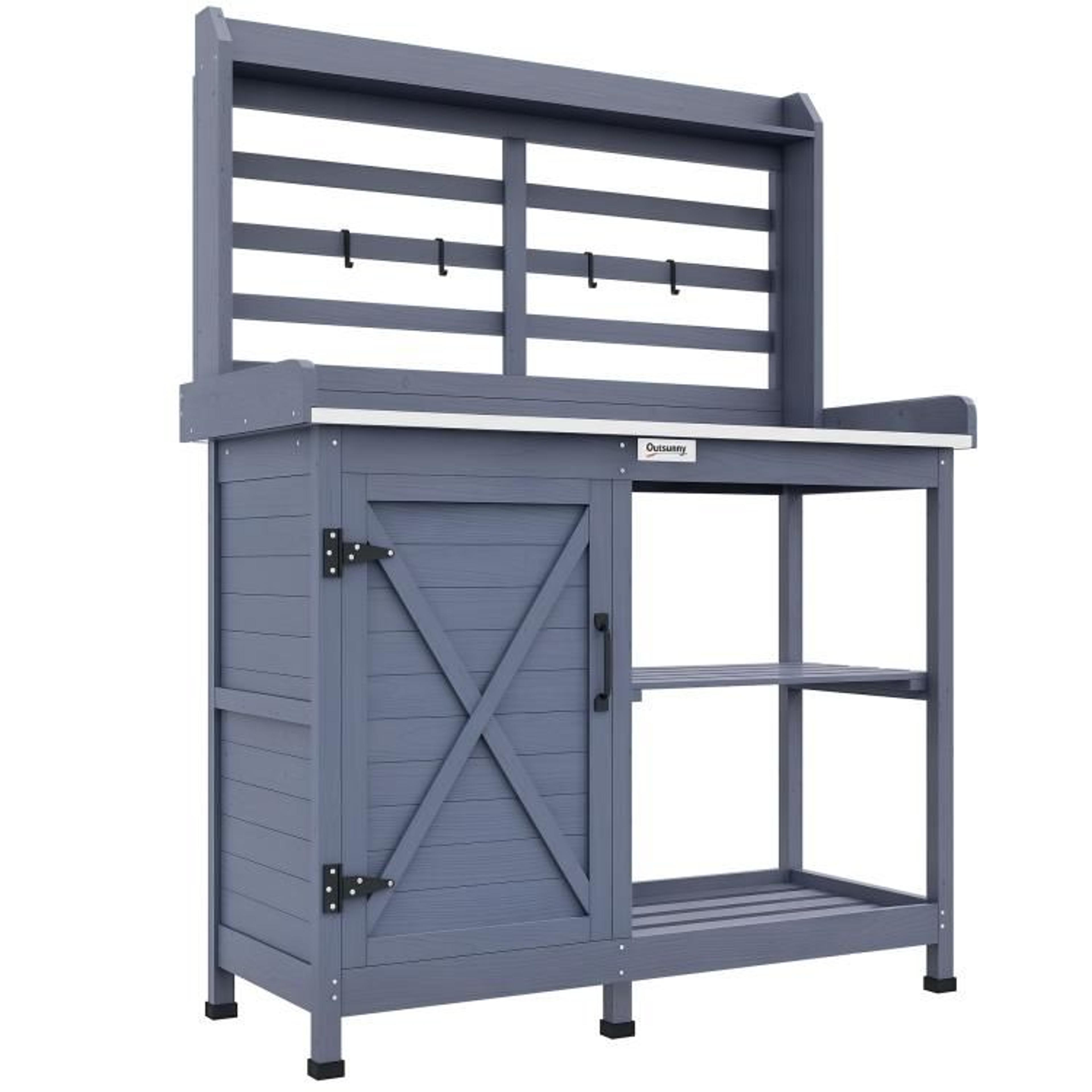 wooden potting bench with storage and aluminum tabletop  gray