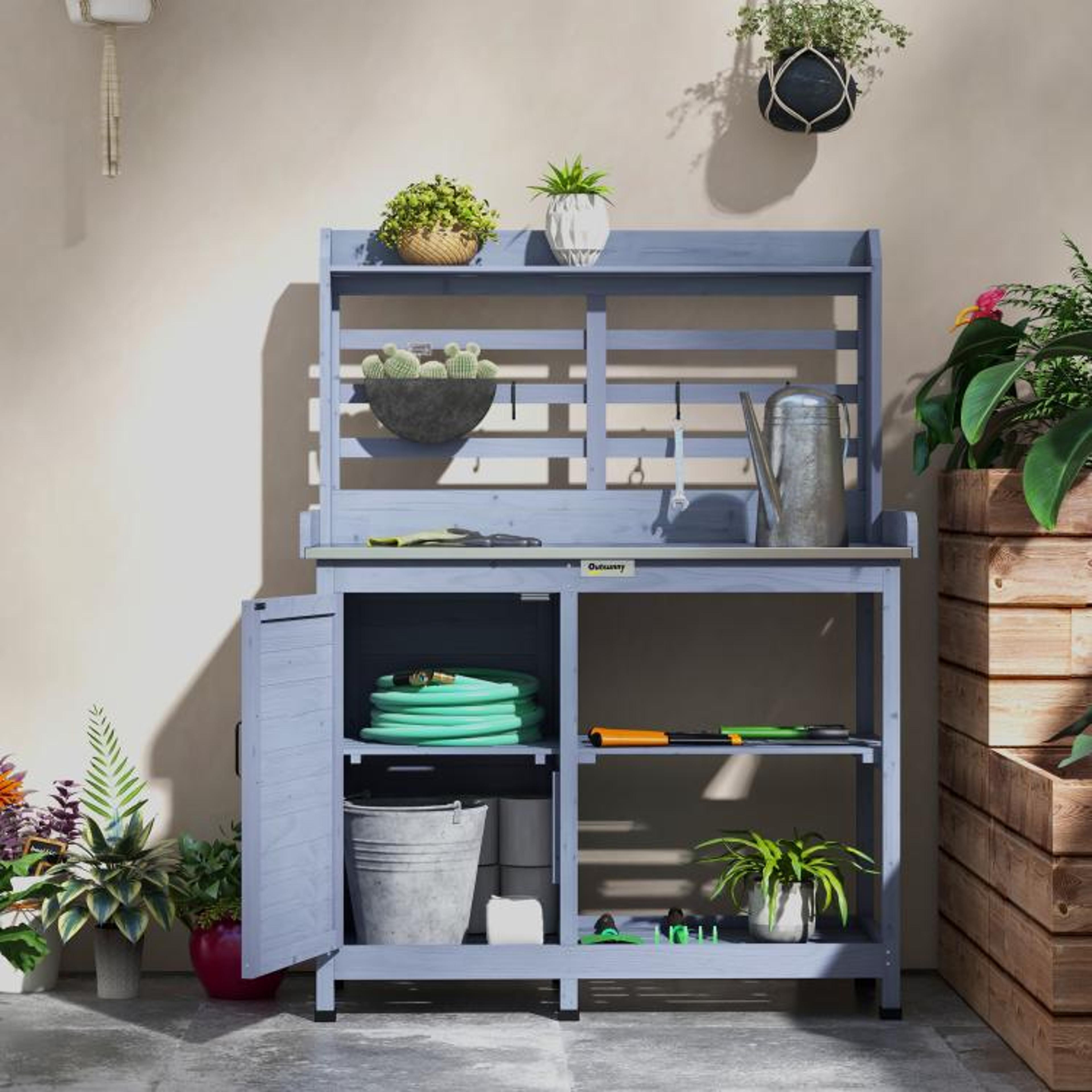 Wooden Potting Bench With Storage And Aluminum Tabletop  Gray 6