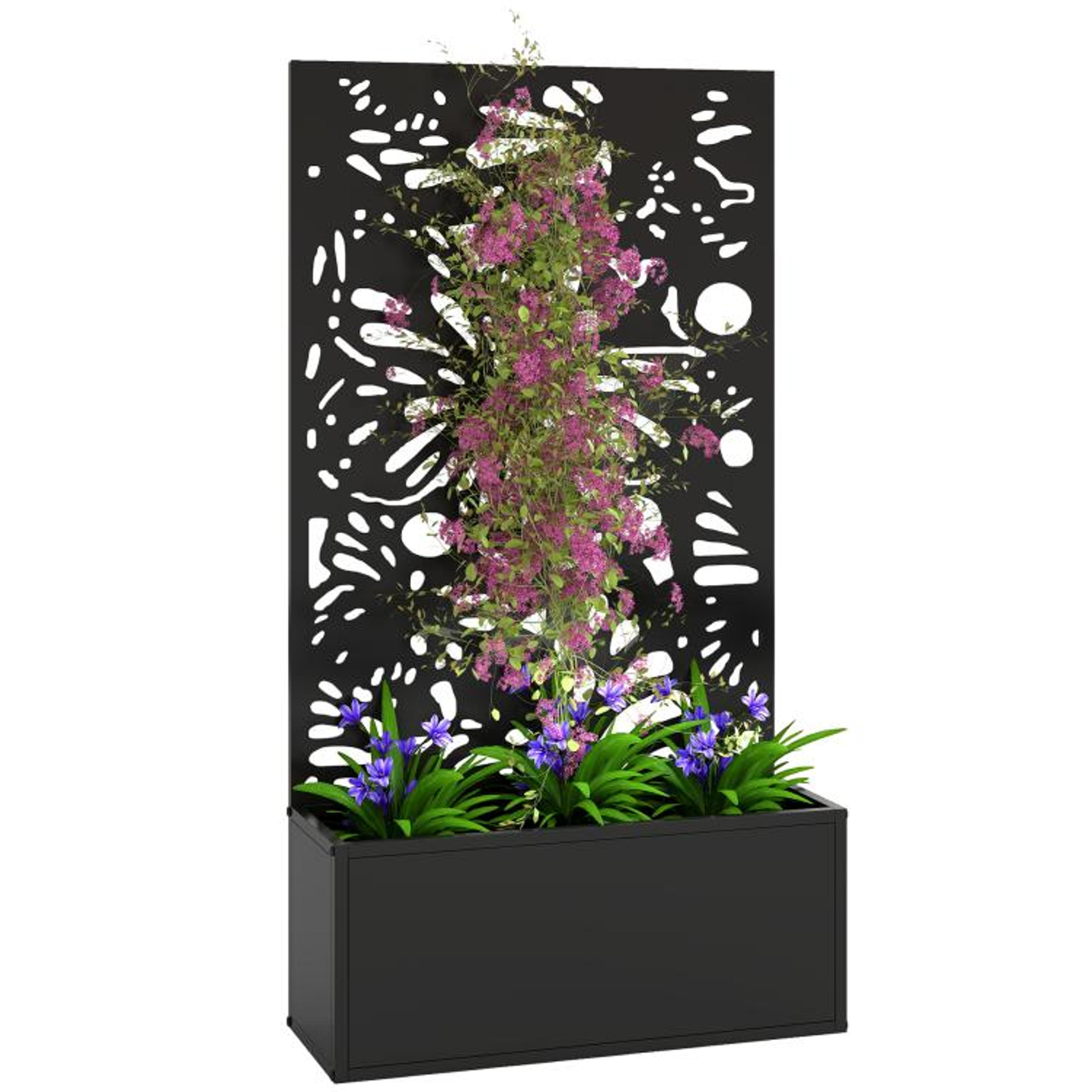 metal raised garden bed with trellis and butterfly privacy panel