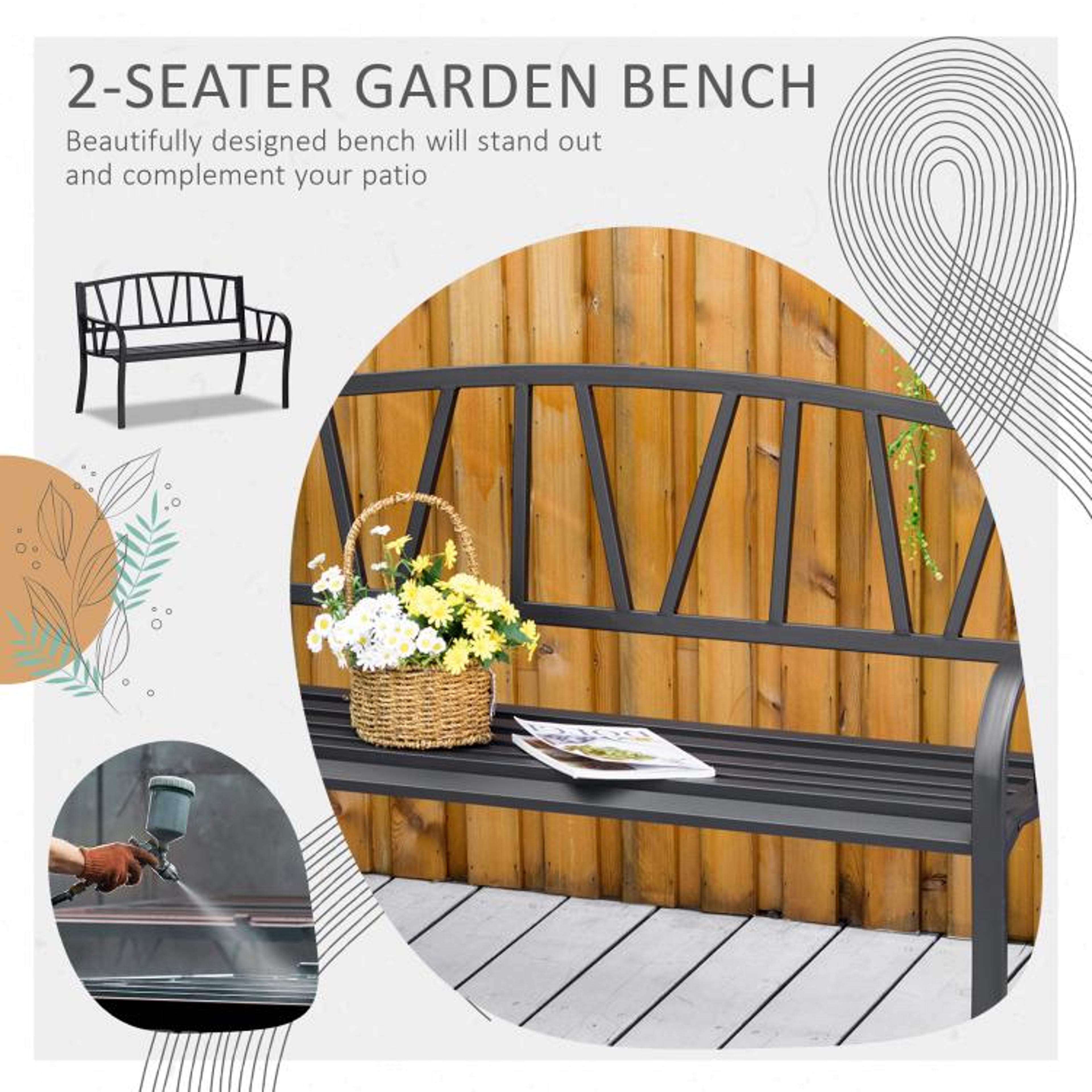 50 Inch Outdoor Garden Bench With VShaped Backrest And Steel Frame  Black 4