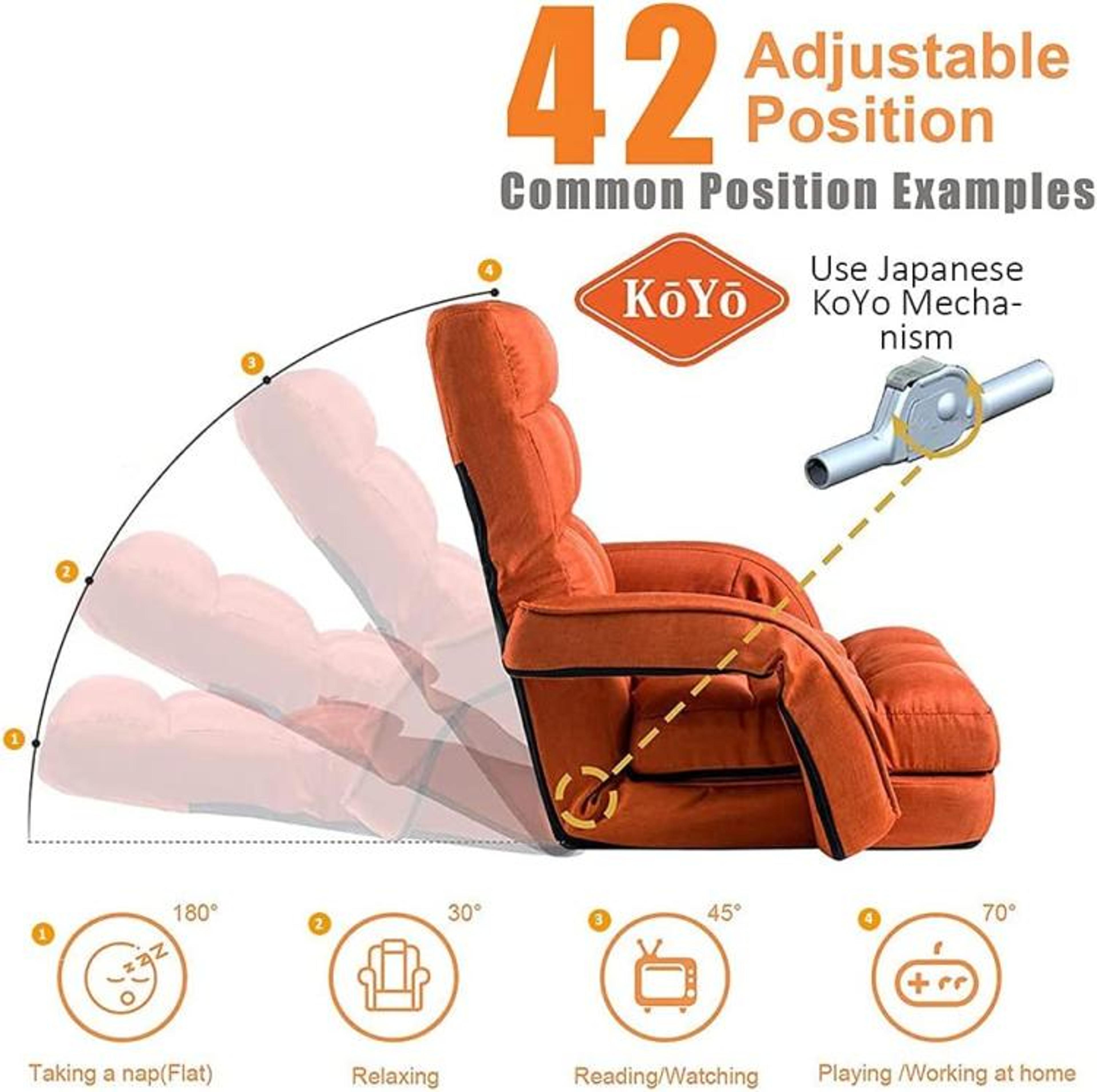 14Position Adjustable Folding Floor Chair With Pillow And Armrests  Orange 1