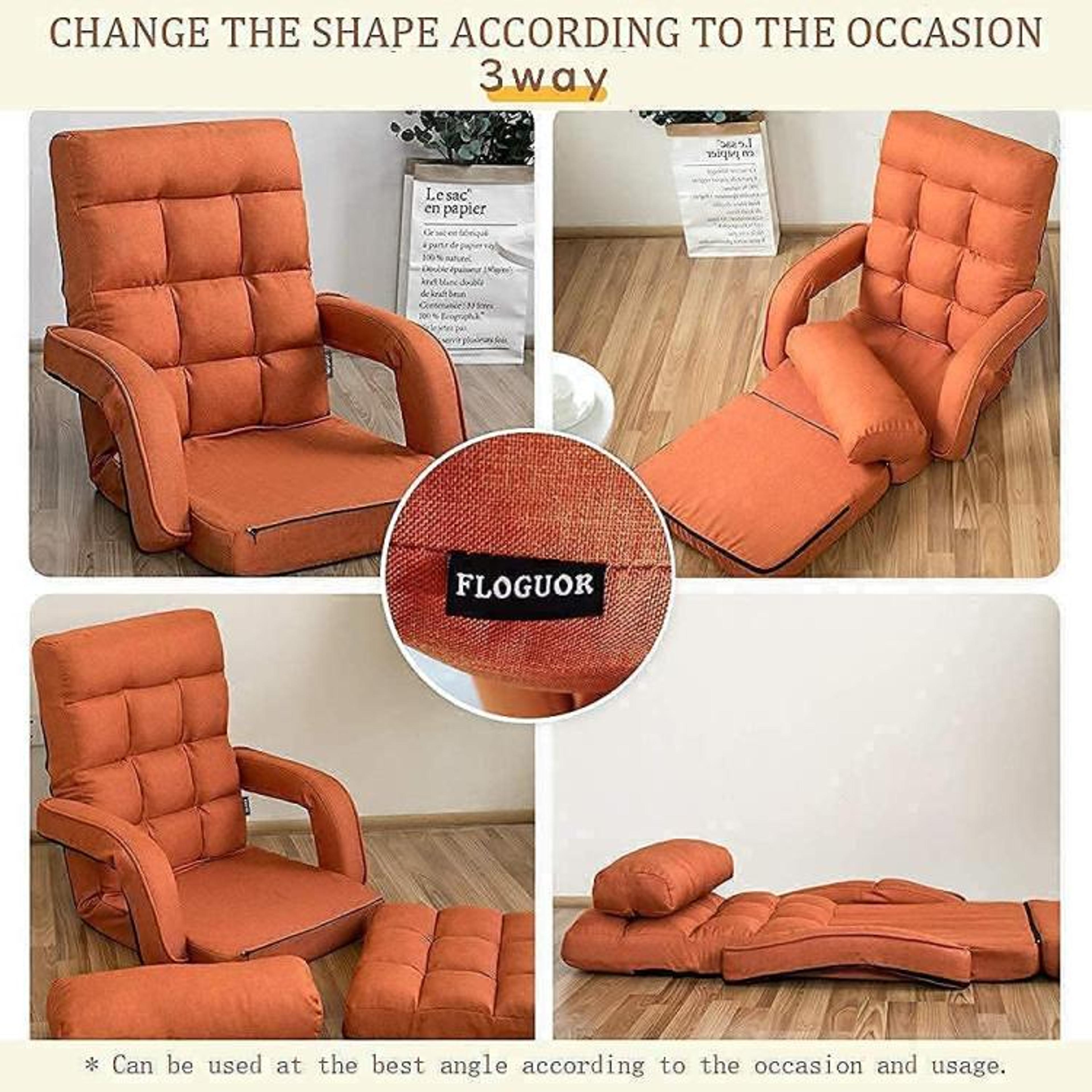 14Position Adjustable Folding Floor Chair With Pillow And Armrests  Orange 3