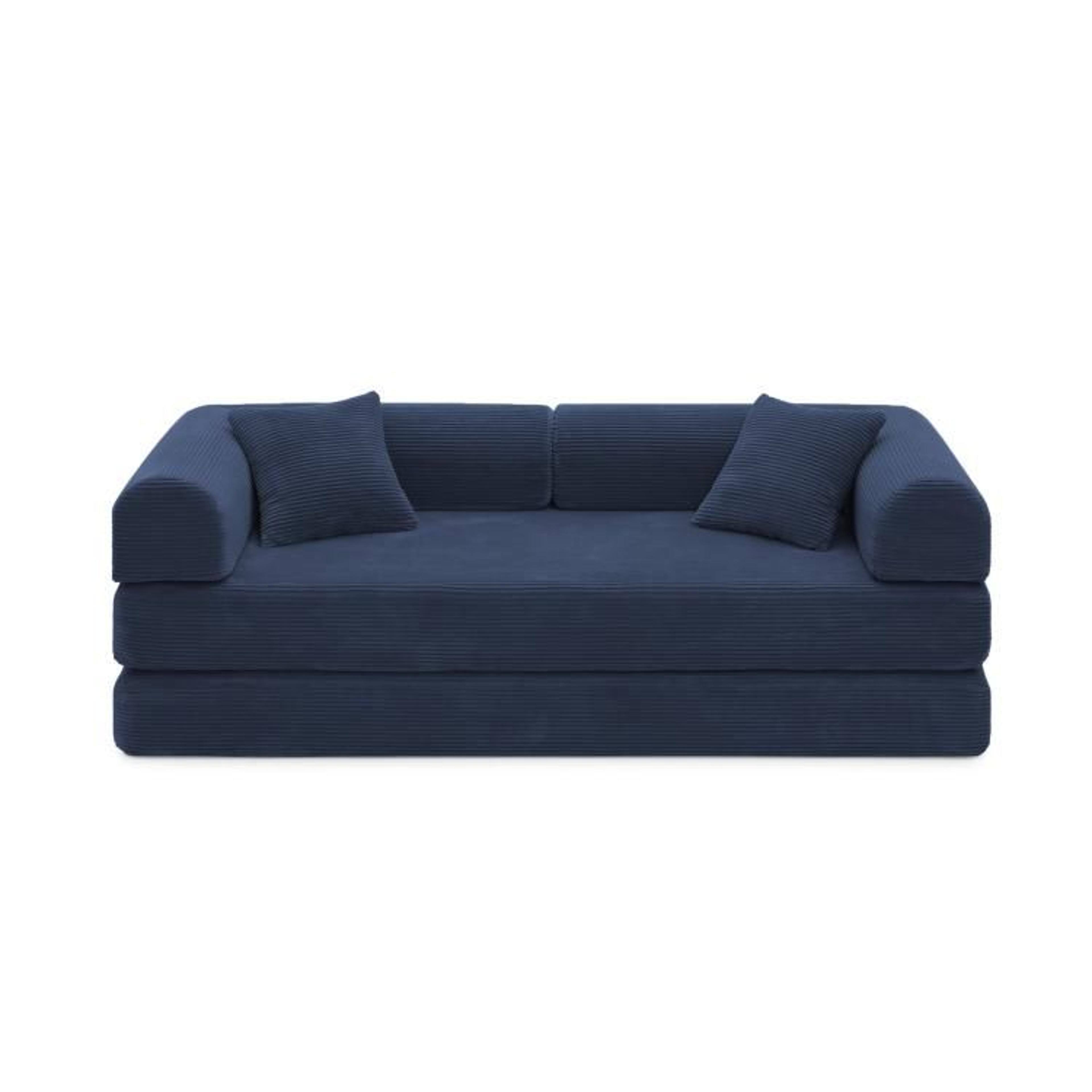 convertible sleeper sofa bed with blue corduroy upholstery and foldable design
