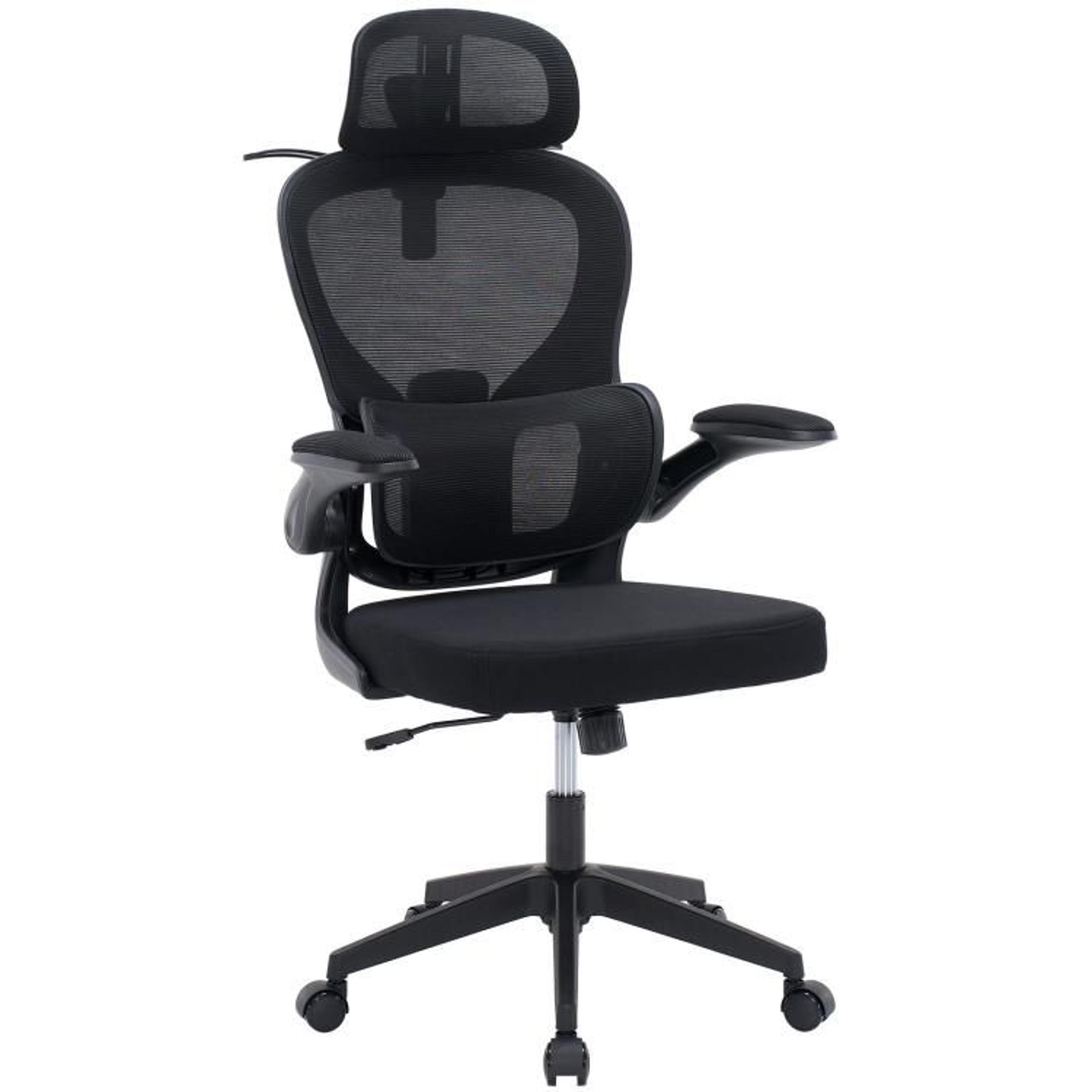 ergonomic mesh office chair with adjustable lumbar support and flip up armrests