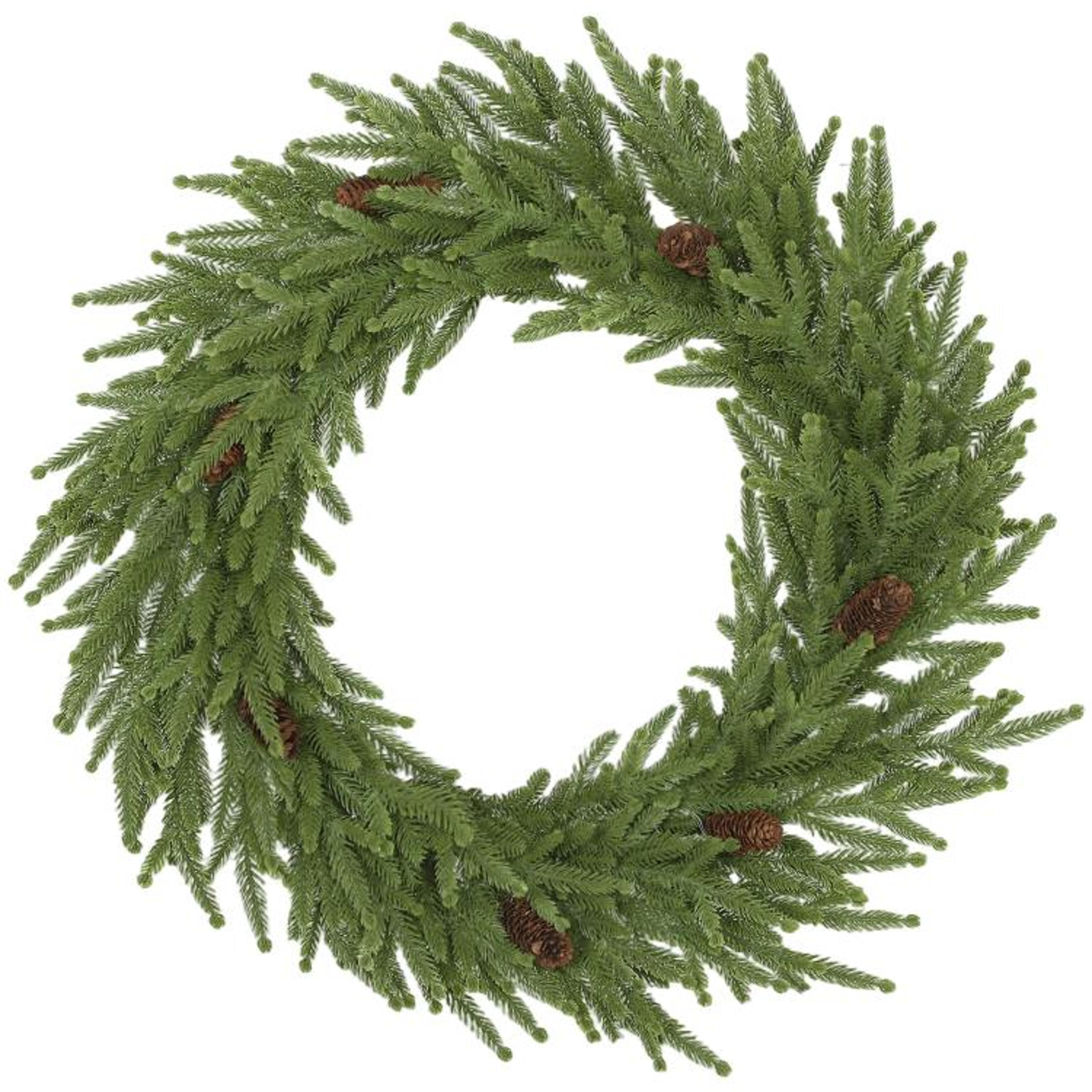 24 inch christmas wreath with realistic norfolk pine branches and pine cones