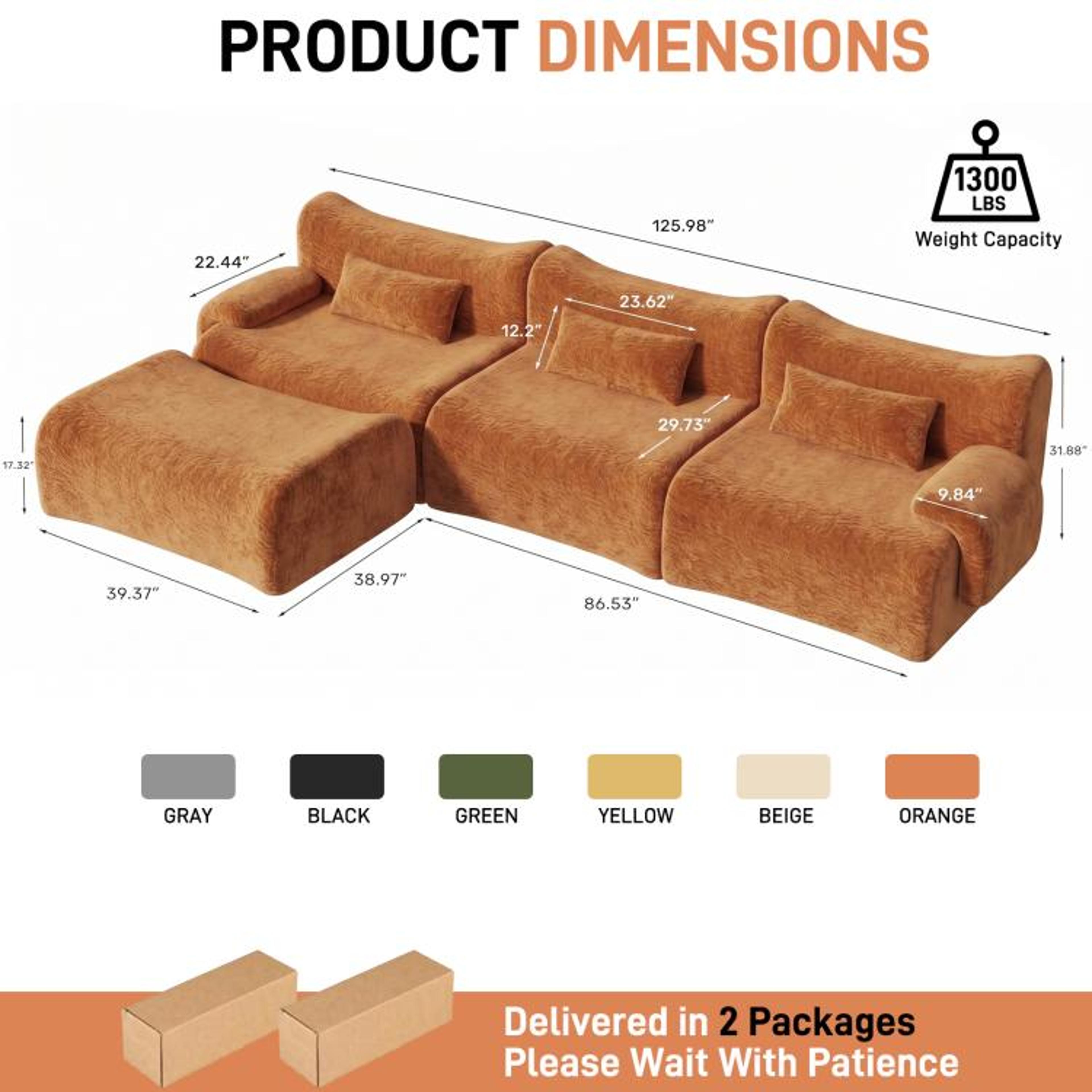 126Inch LShaped Modular Sectional Sofa With 3 Throw Pillows  Orange 1