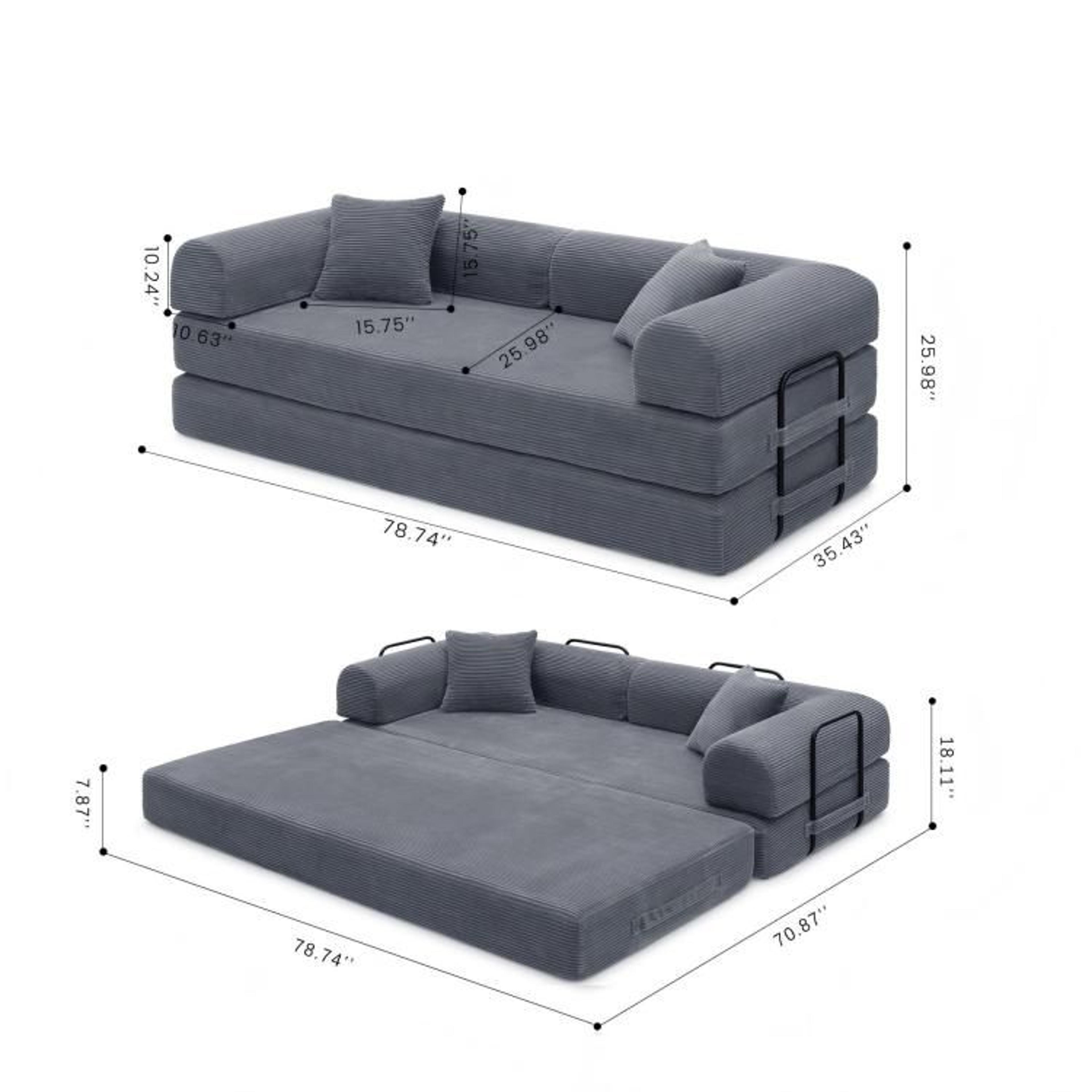 Convertible Sleeper Sofa Bed With Corduroy Upholstery  Dark Gray 2