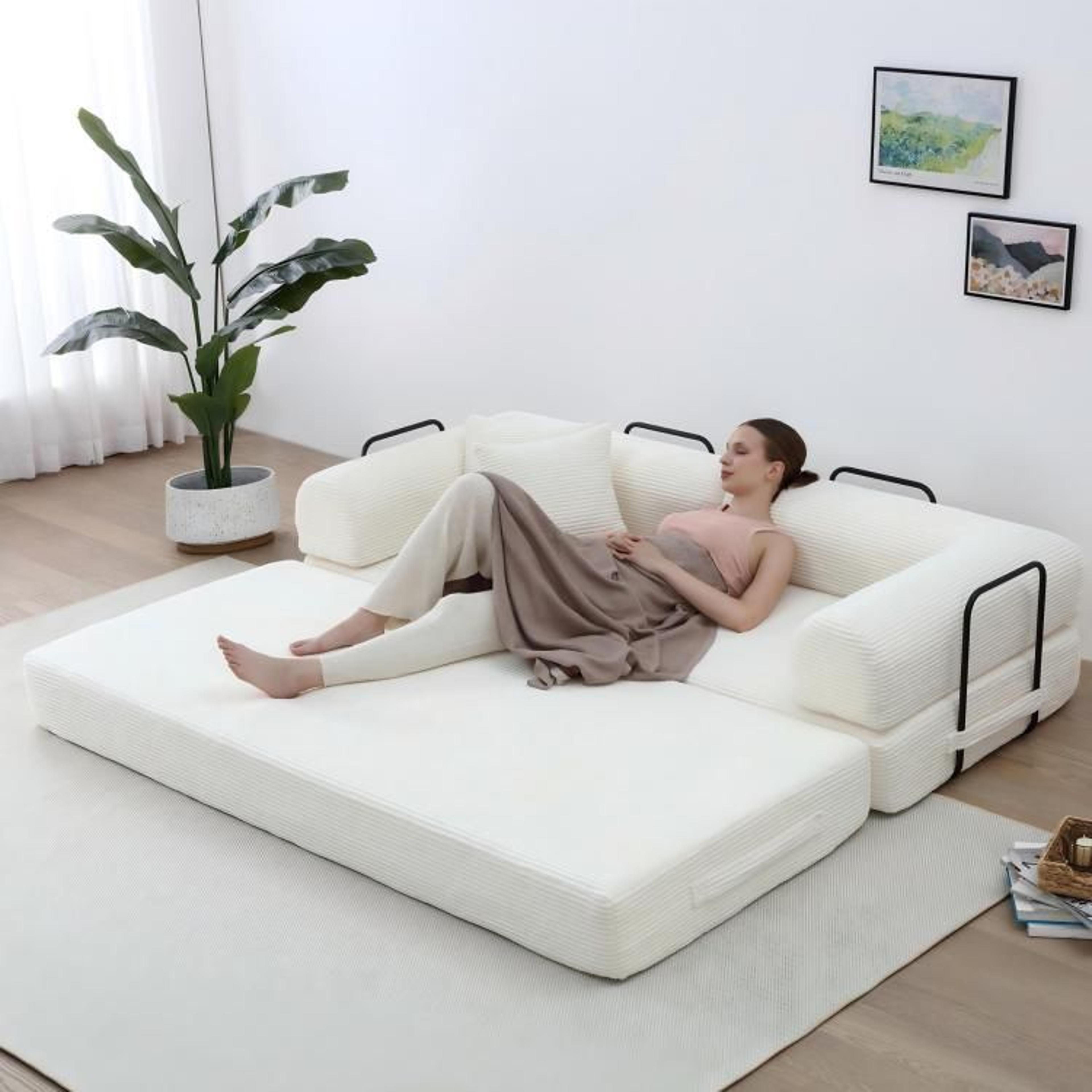 Convertible Sleeper Sofa Bed With White Corduroy Upholstery And Foldable Design 4