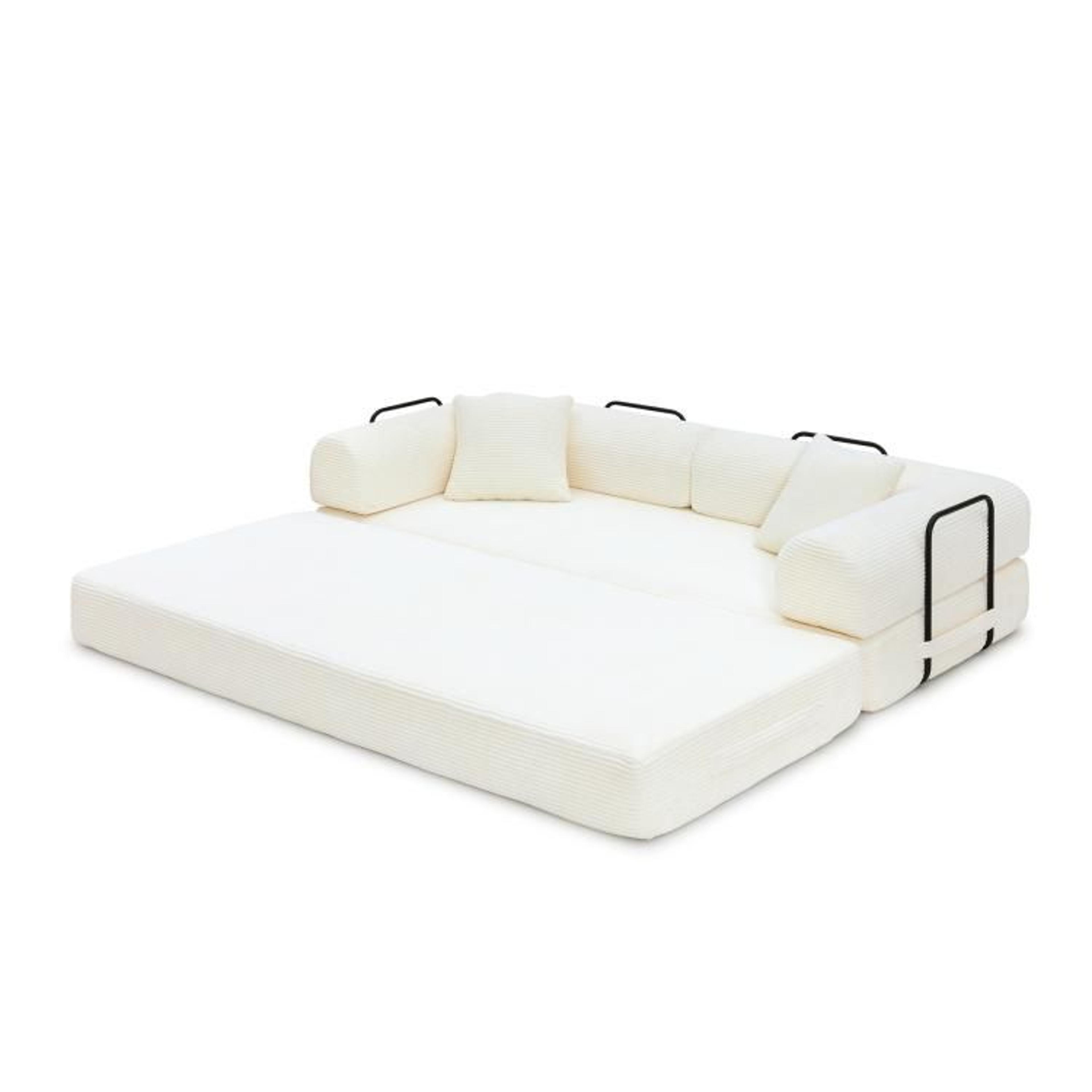 Convertible Sleeper Sofa Bed With White Corduroy Upholstery And Foldable Design 5
