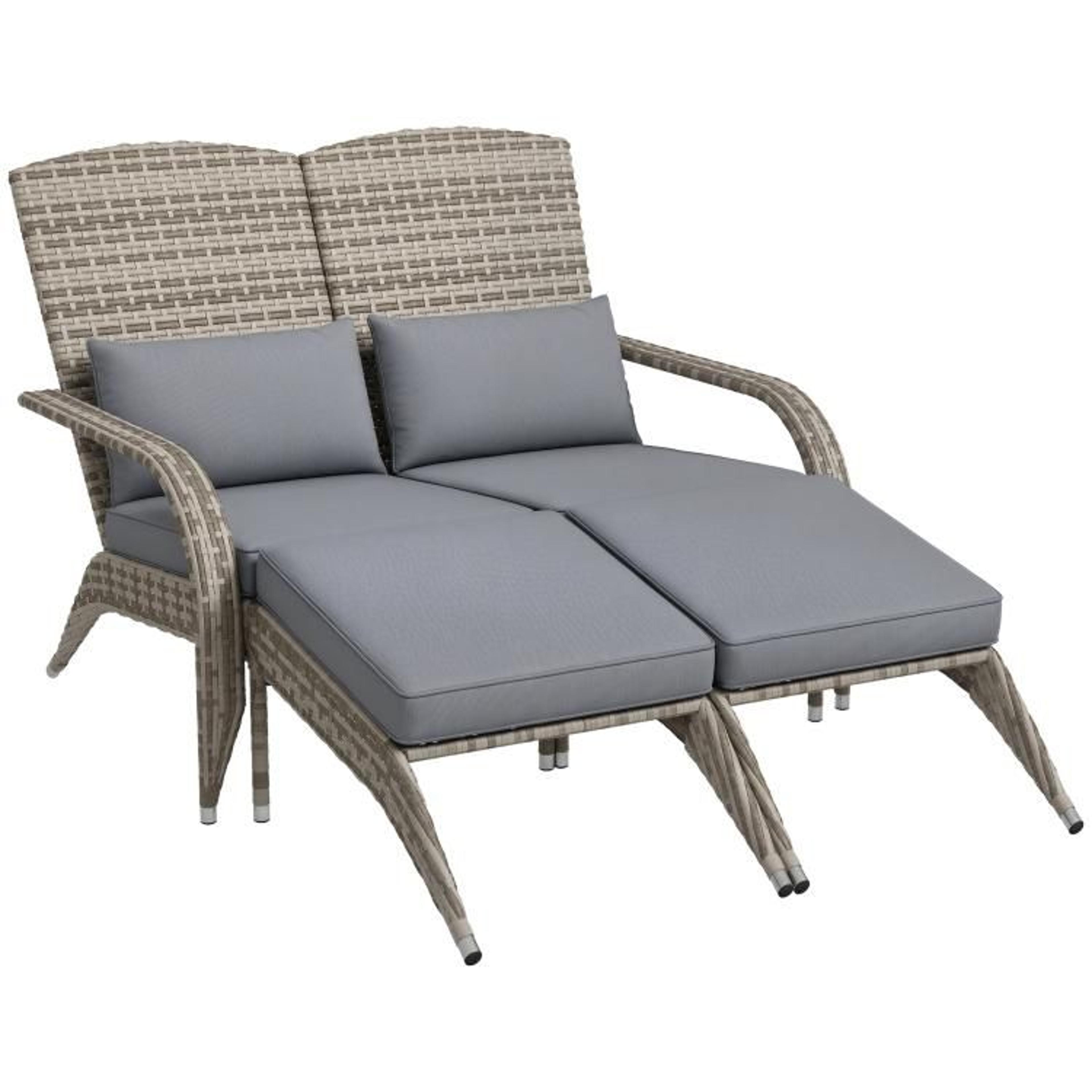 2-person wicker adirondack chair with cushions and footrests  gray