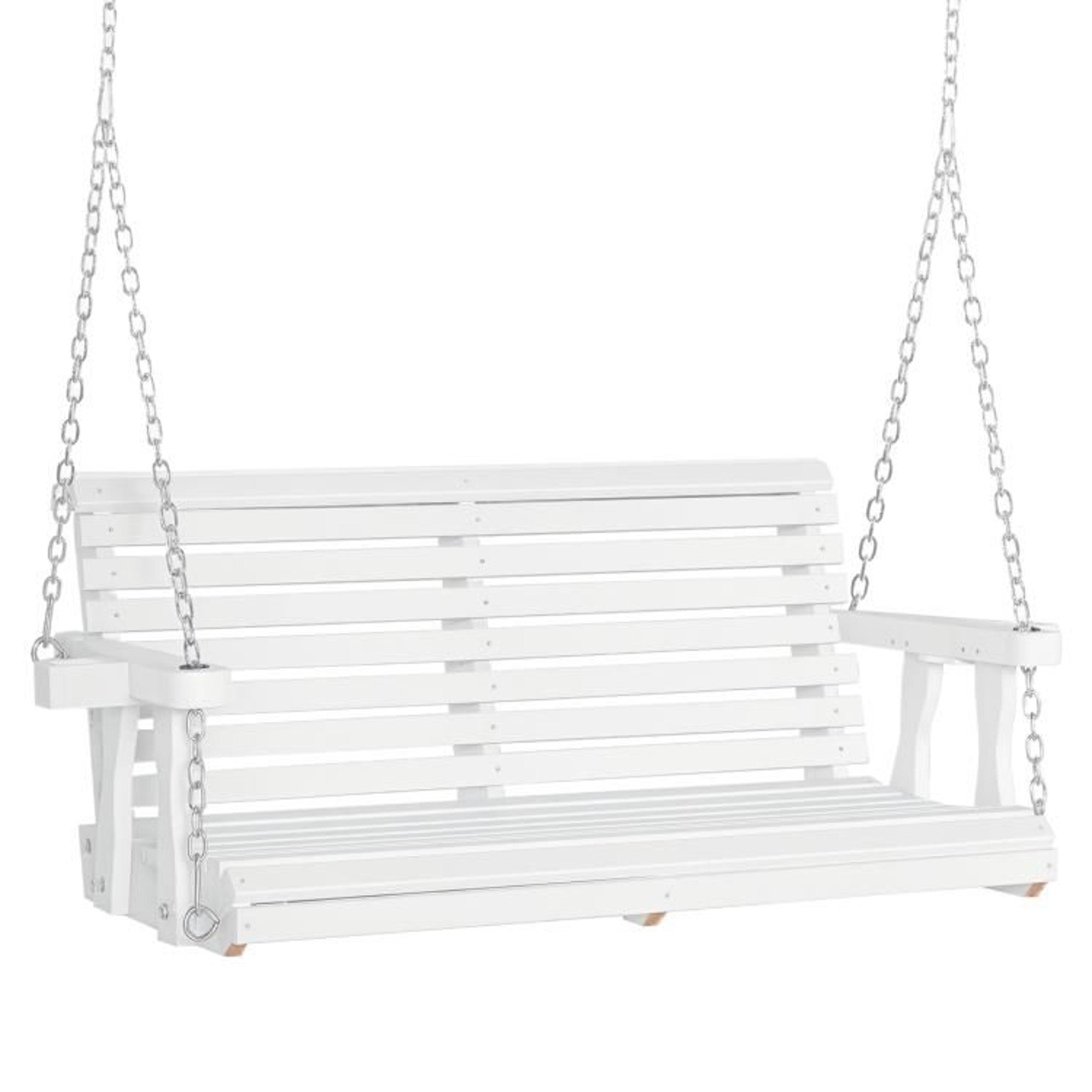2-person wooden porch swing with cup holders and adjustable chains white