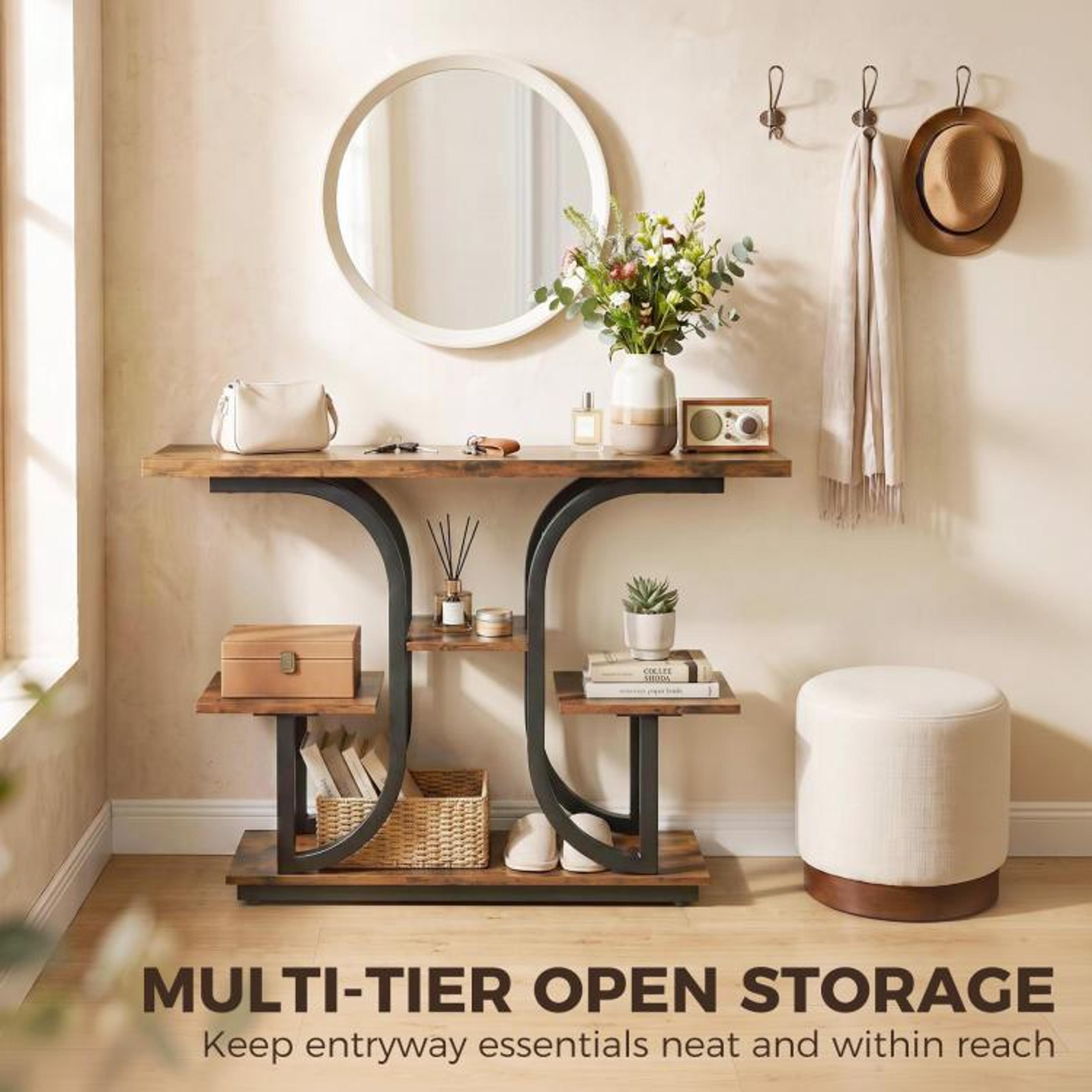 Modern Narrow Console Table With 3Tier Open Storage Shelves In Rustic Brown 4