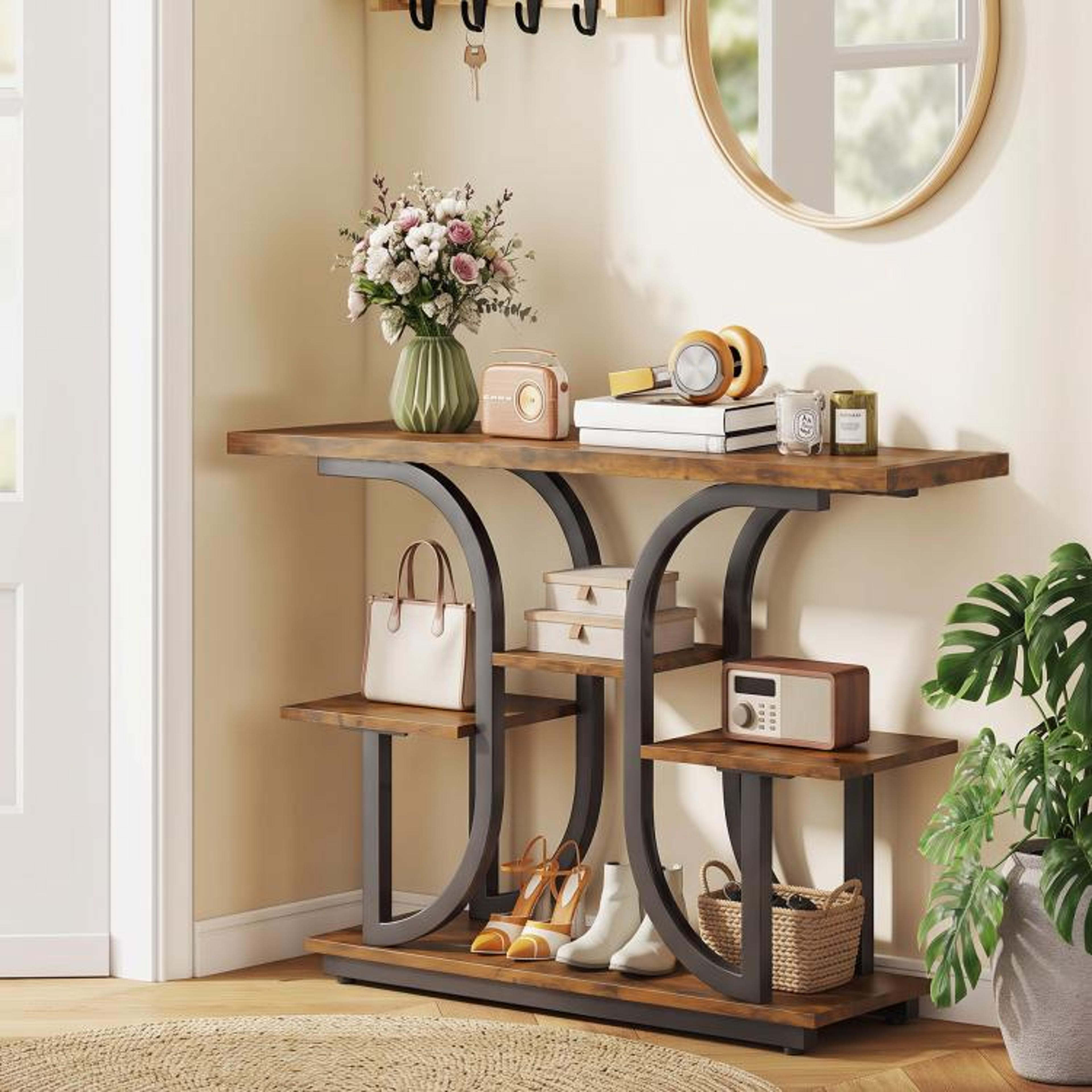 Modern Narrow Console Table With 3Tier Open Storage Shelves In Rustic Brown 5