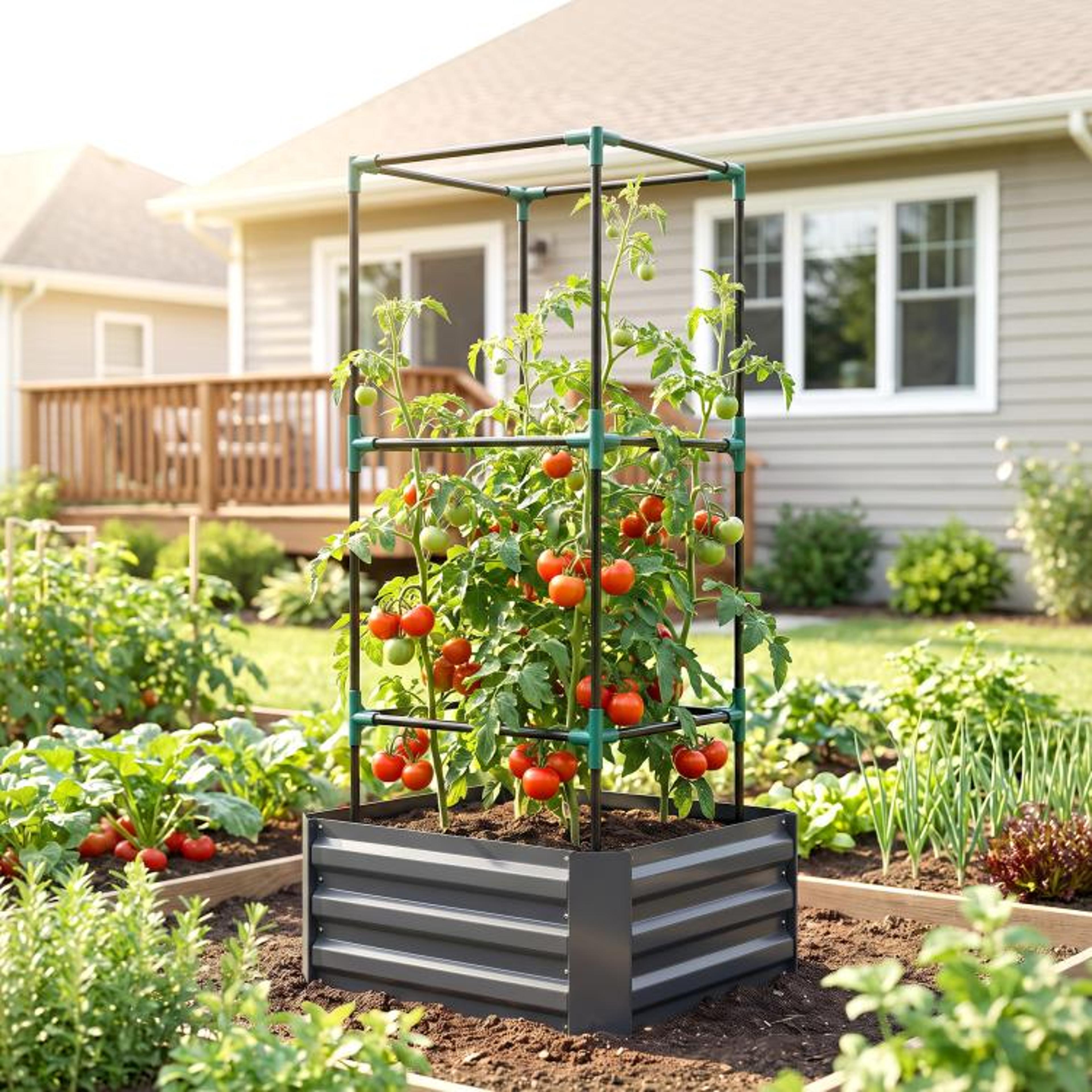 Galvanized Steel Raised Garden Bed With Adjustable Tomato Trellis  Dark Gray 2