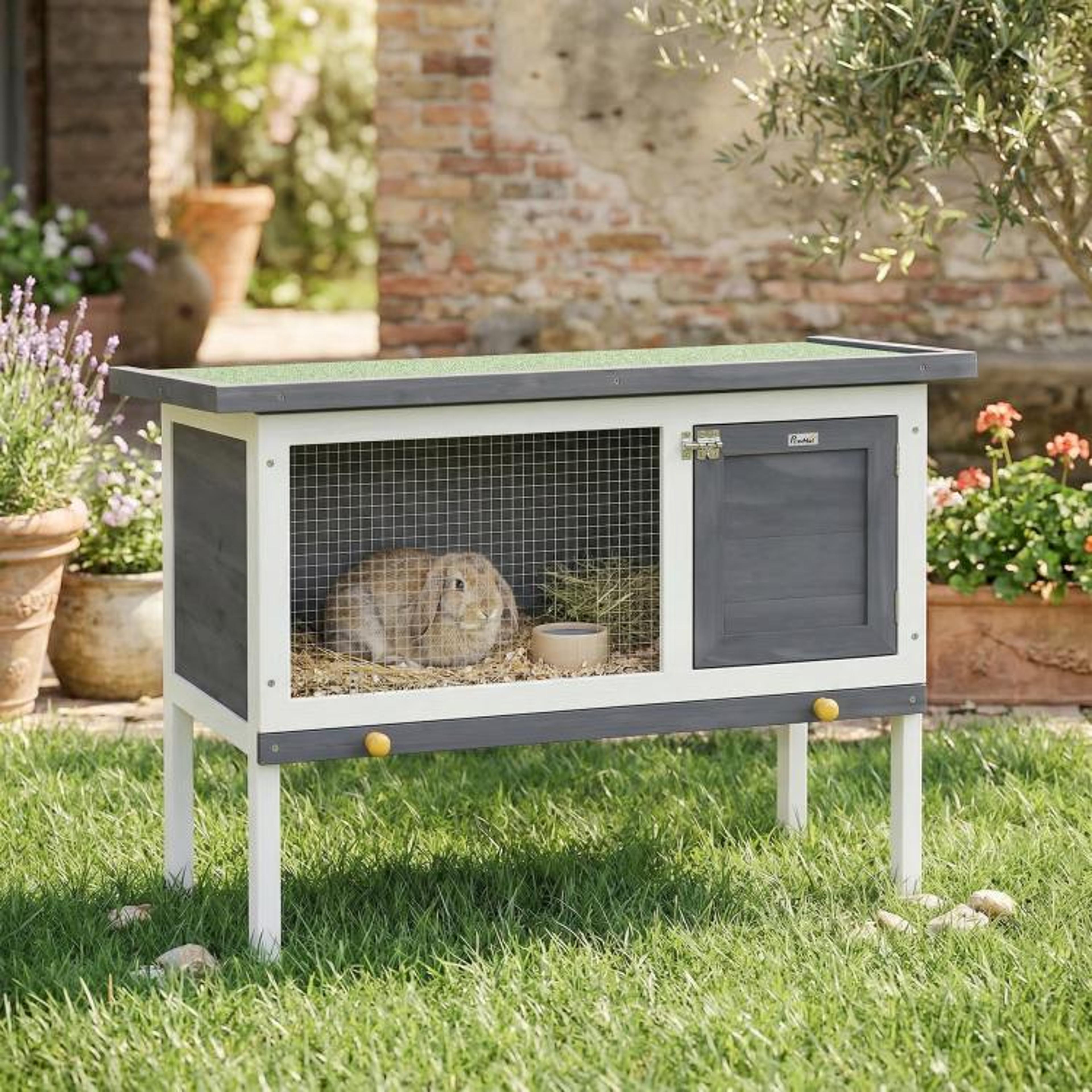 Wooden Rabbit Hutch With Asphalt Roof And Elevated Outdoor Design 2