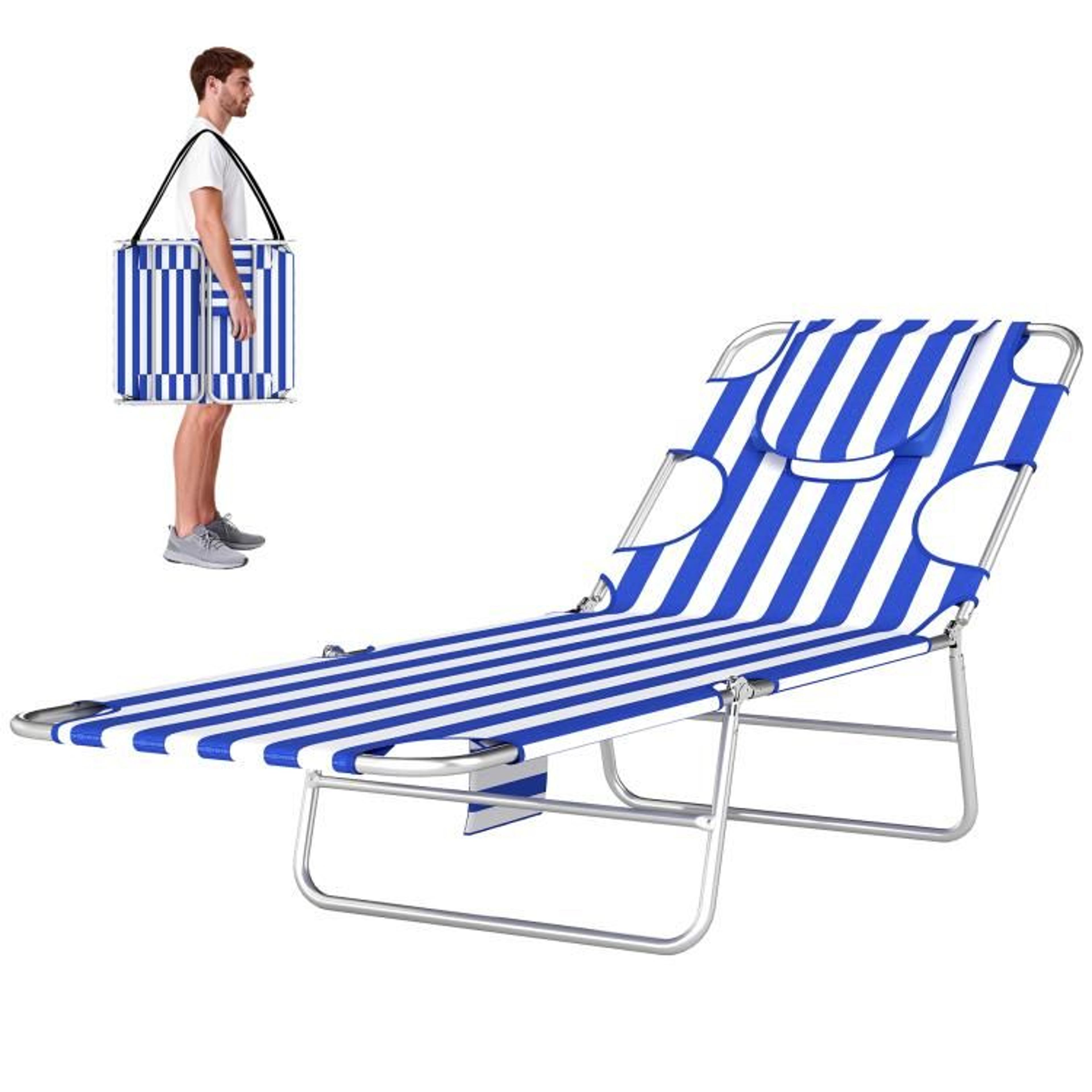 Folding Tanning Lounge Chair With Face Hole And 5 Adjustable Positions  Blue Stripes 1