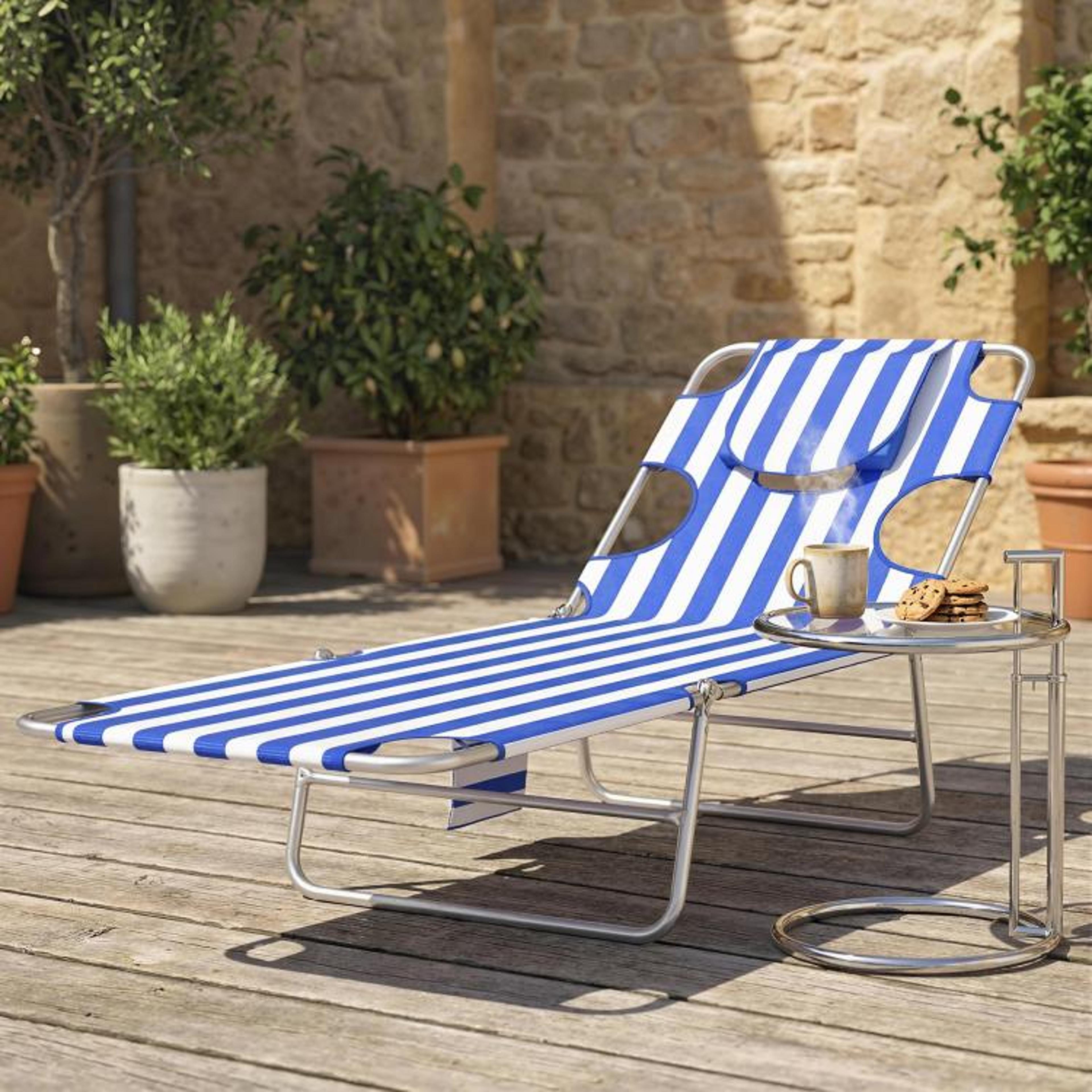 Folding Tanning Lounge Chair With Face Hole And 5 Adjustable Positions  Blue Stripes 3