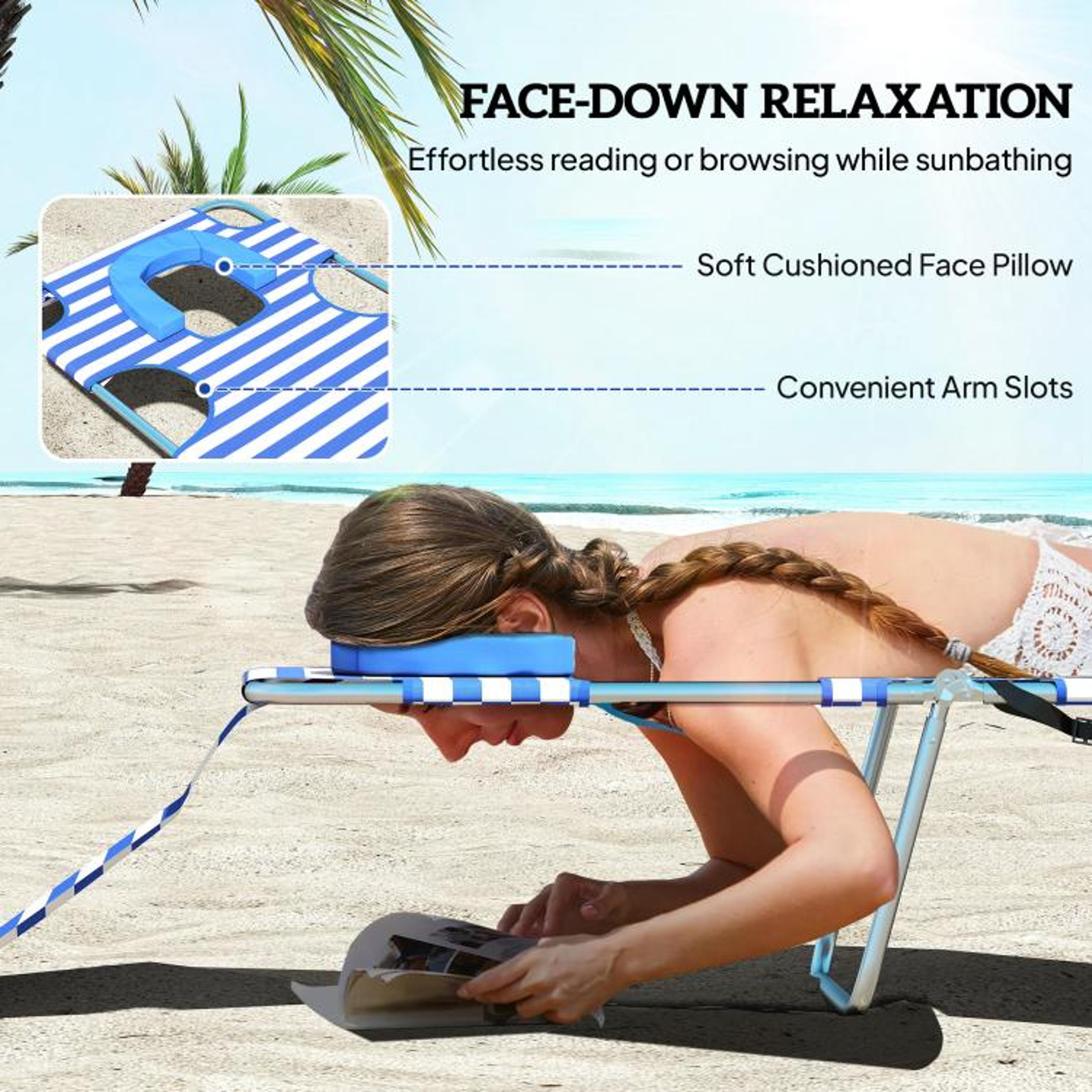 Folding Tanning Lounge Chair With Face Hole And 5 Adjustable Positions  Blue Stripes 6