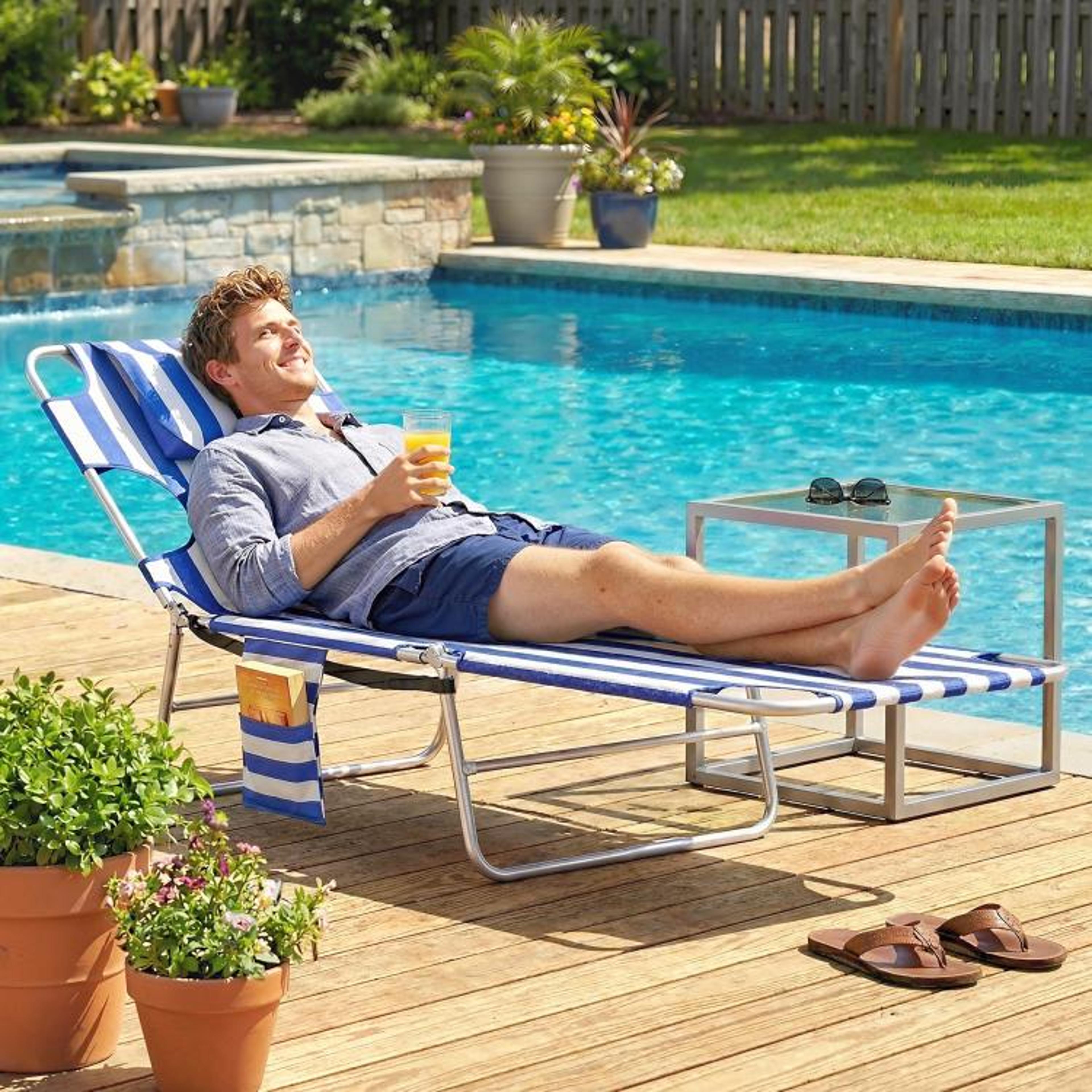 Folding Tanning Lounge Chair With Face Hole And 5 Adjustable Positions  Blue Stripes 7