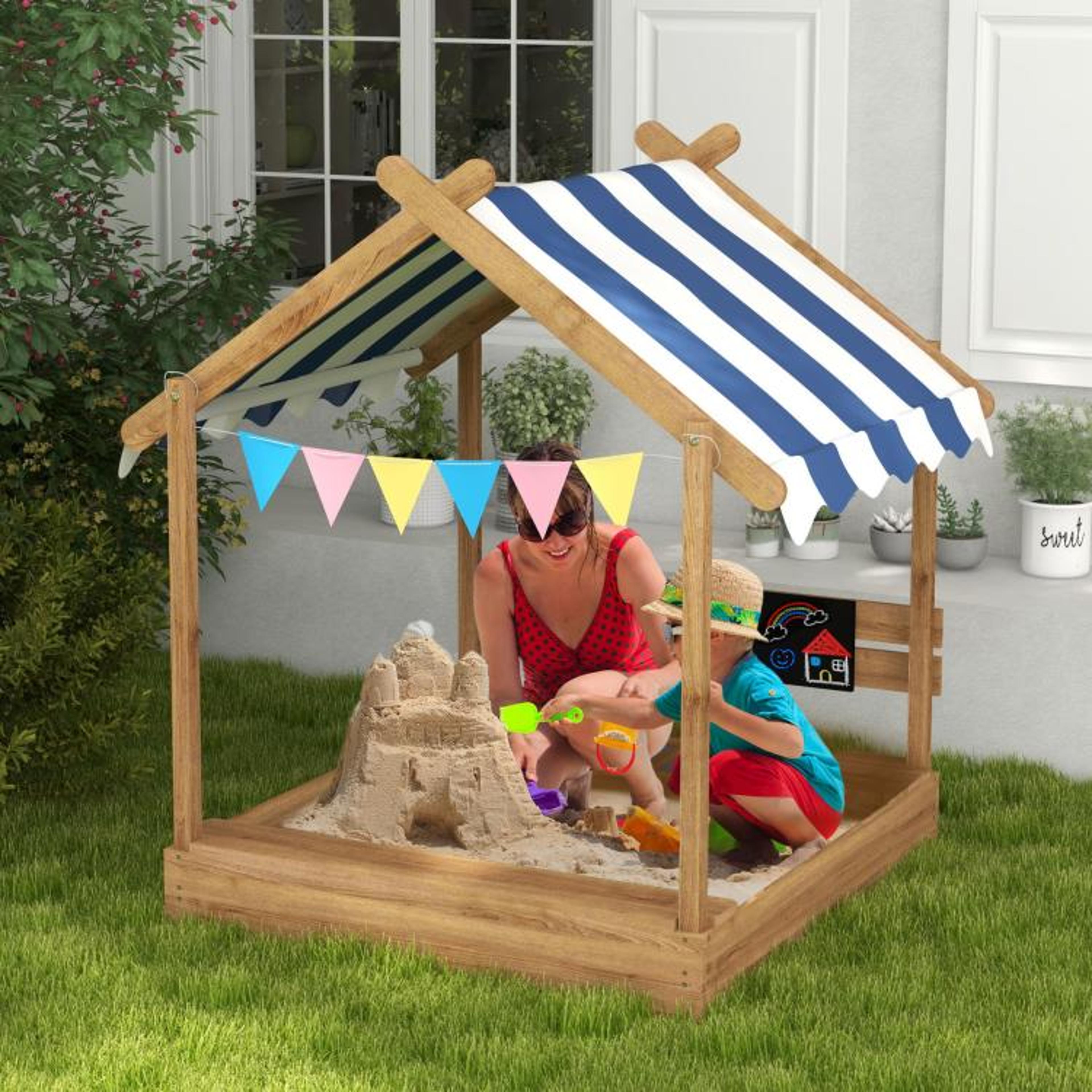 Wooden Sandbox With Canopy And Play Accessories For Kids Ages 37 2