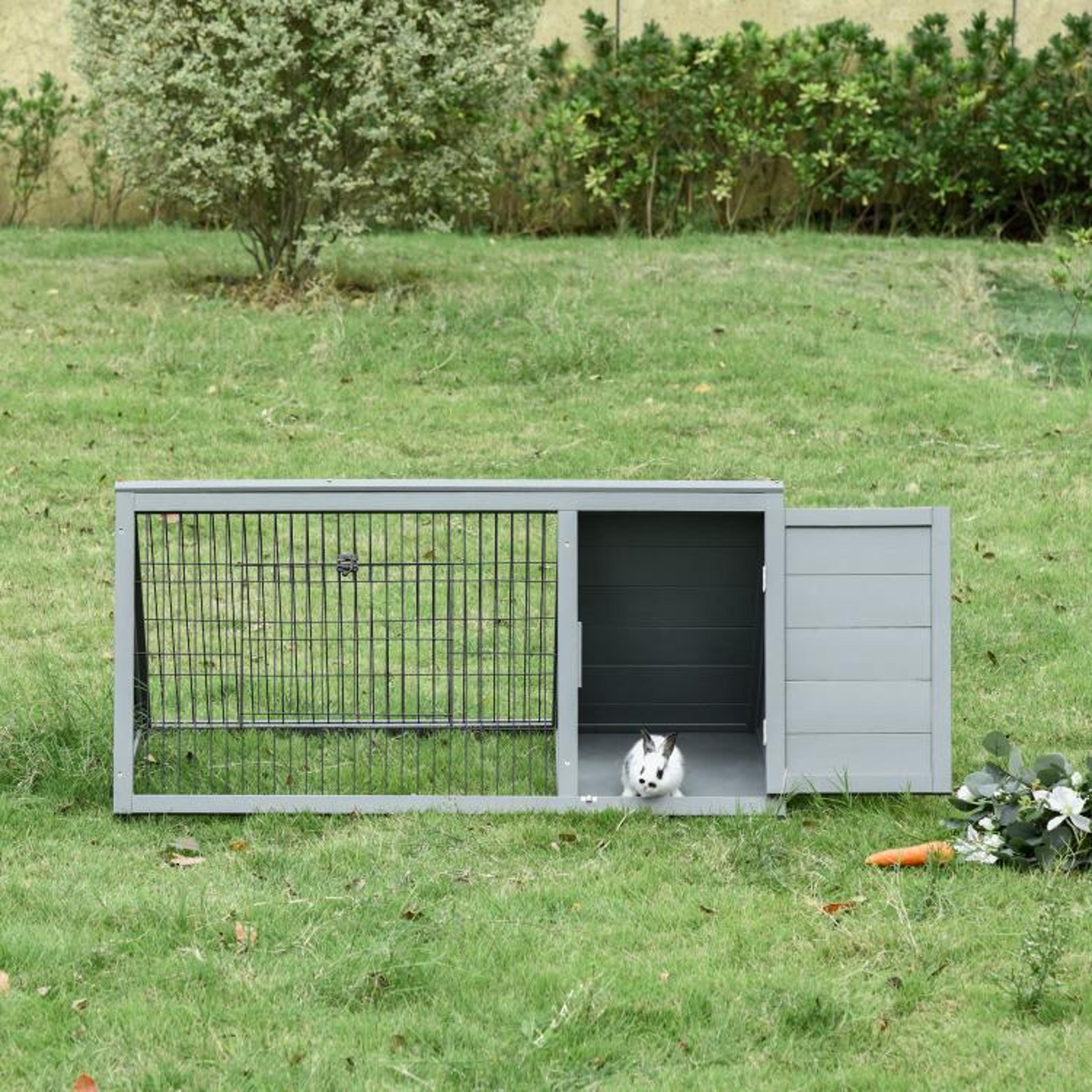 Outdoor Wooden Rabbit Hutch With Run And Enclosed Shelter  Light Gray 2