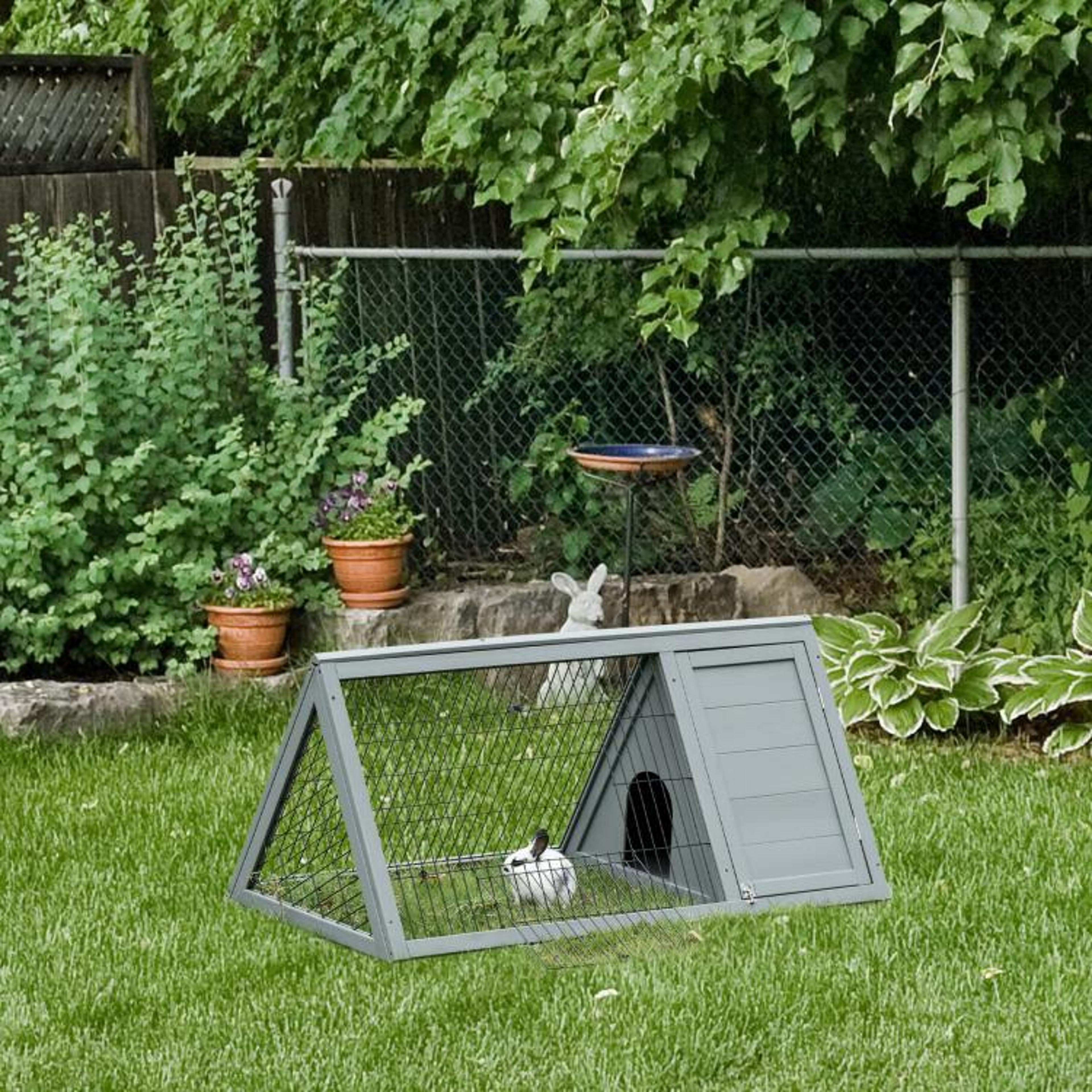 Outdoor Wooden Rabbit Hutch With Run And Enclosed Shelter  Light Gray 6