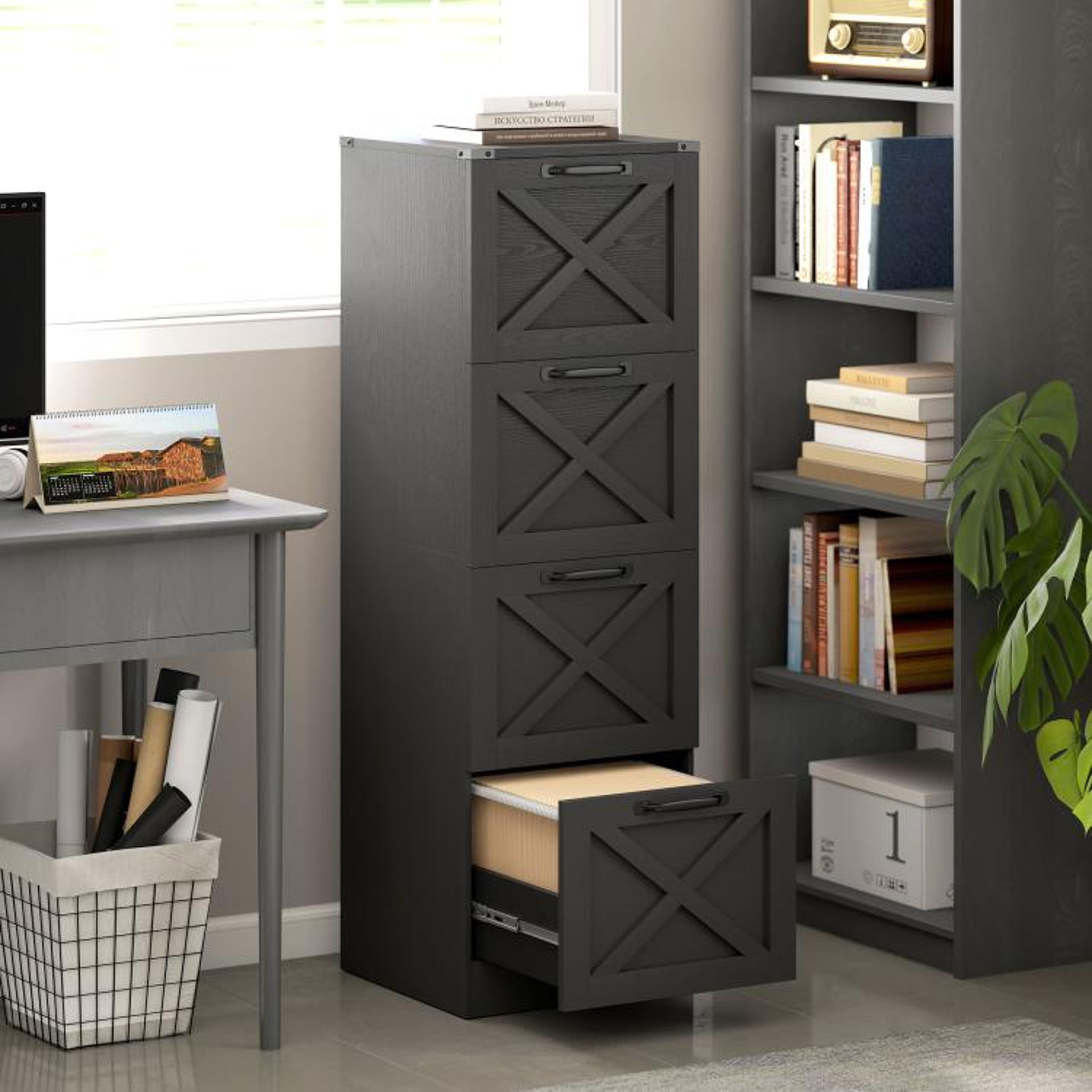 Farmhouse 4Drawer File Cabinet With XPattern Design And Printer Stand Black 2