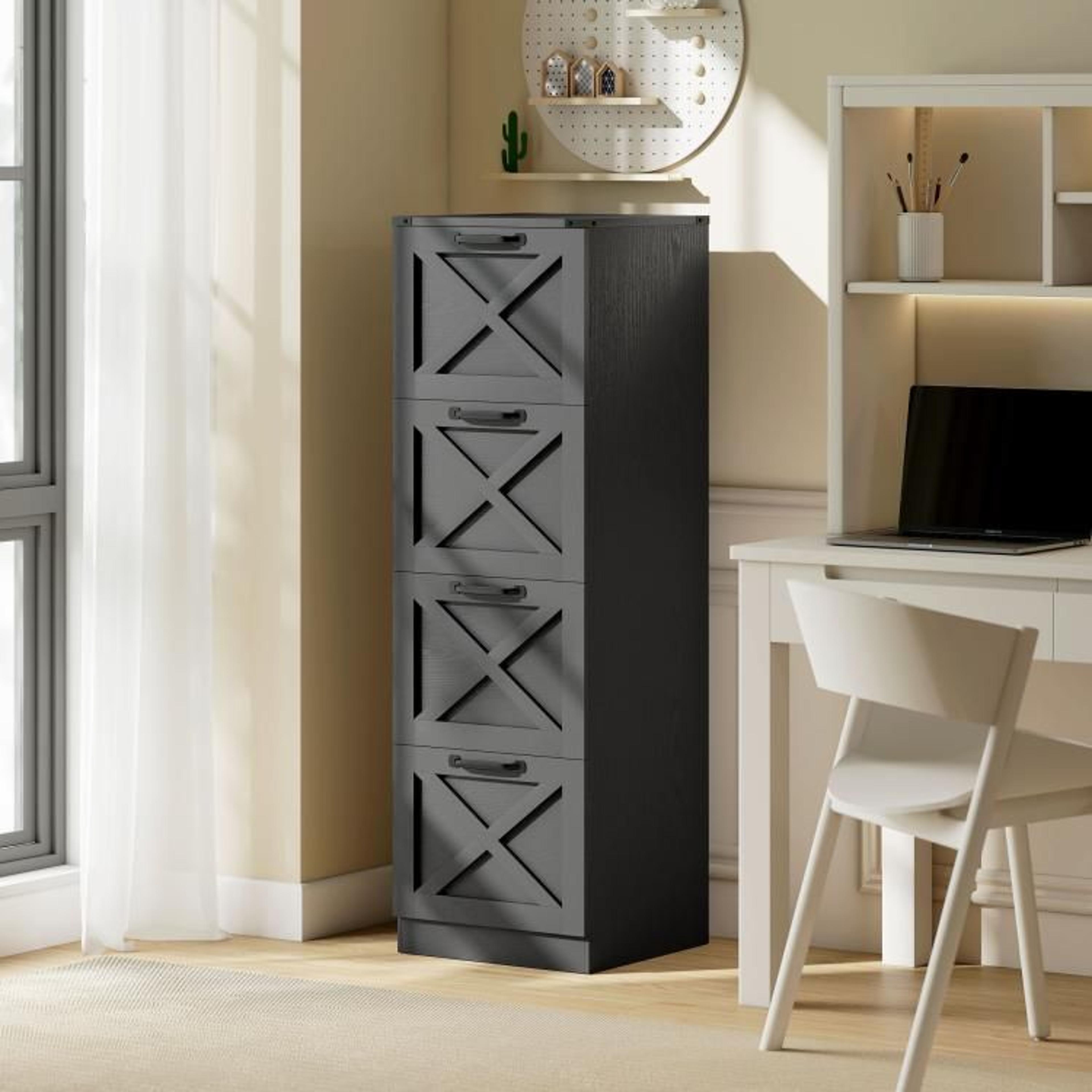Farmhouse 4Drawer File Cabinet With XPattern Design And Printer Stand Black 3