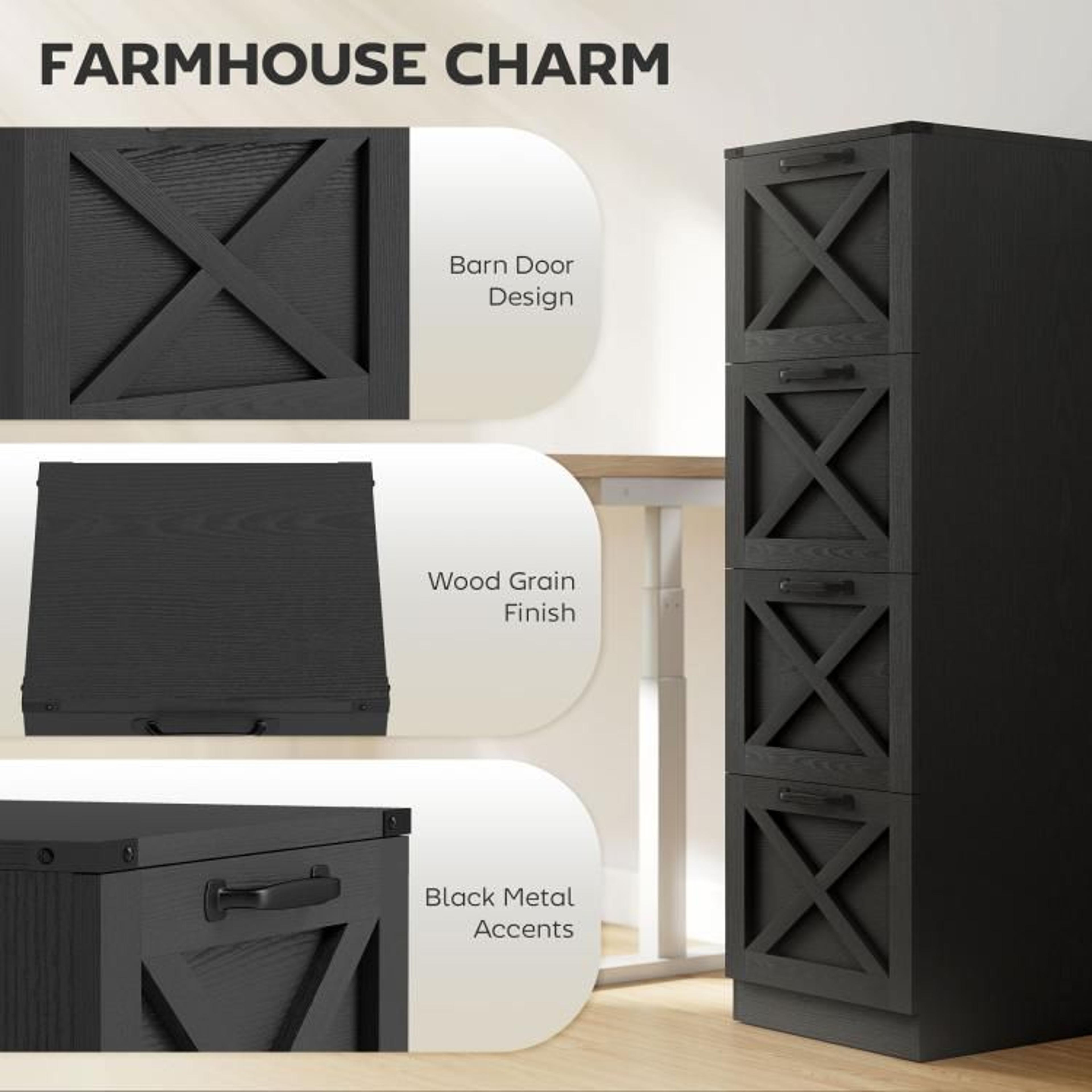Farmhouse 4Drawer File Cabinet With XPattern Design And Printer Stand Black 5
