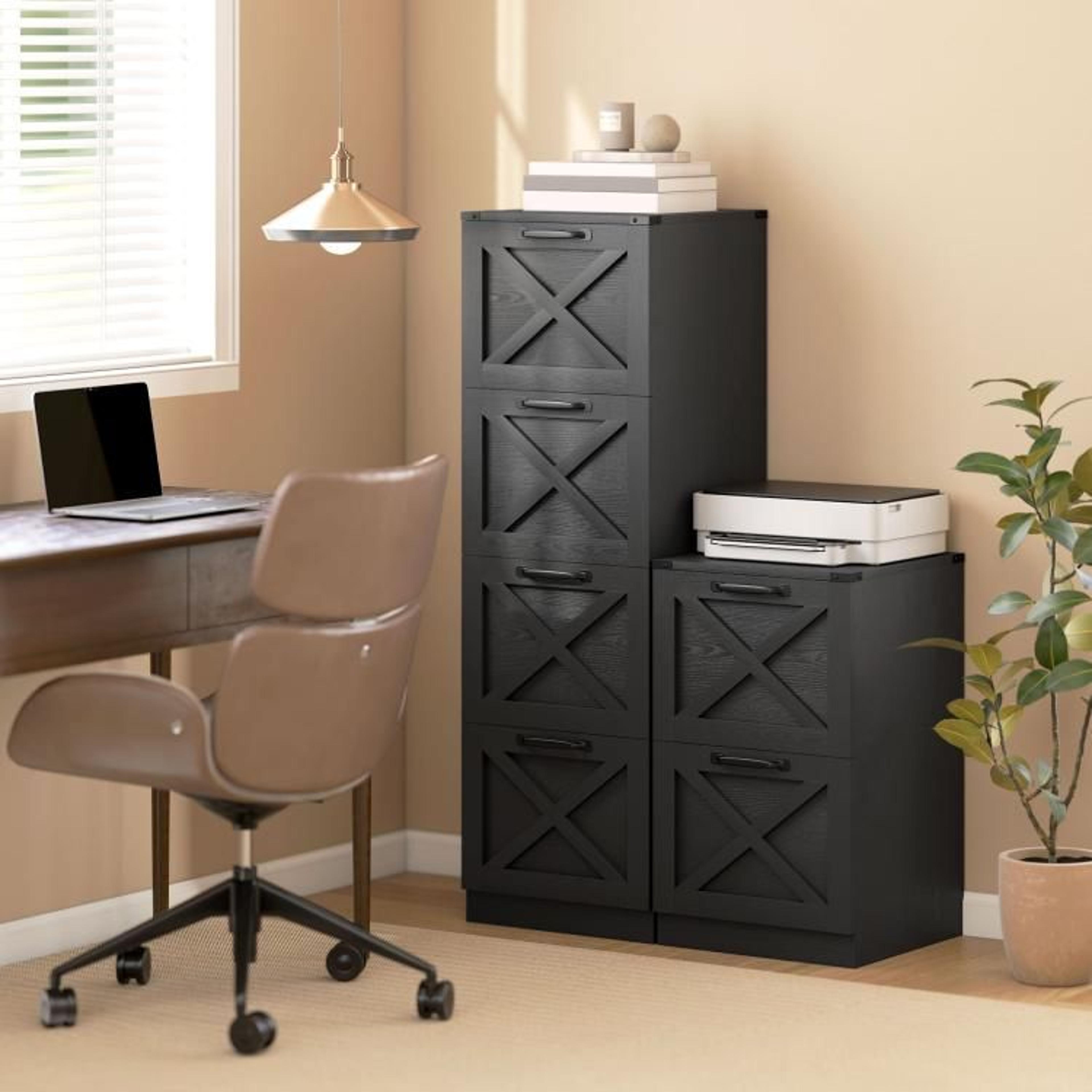 Farmhouse 4Drawer File Cabinet With XPattern Design And Printer Stand Black 7