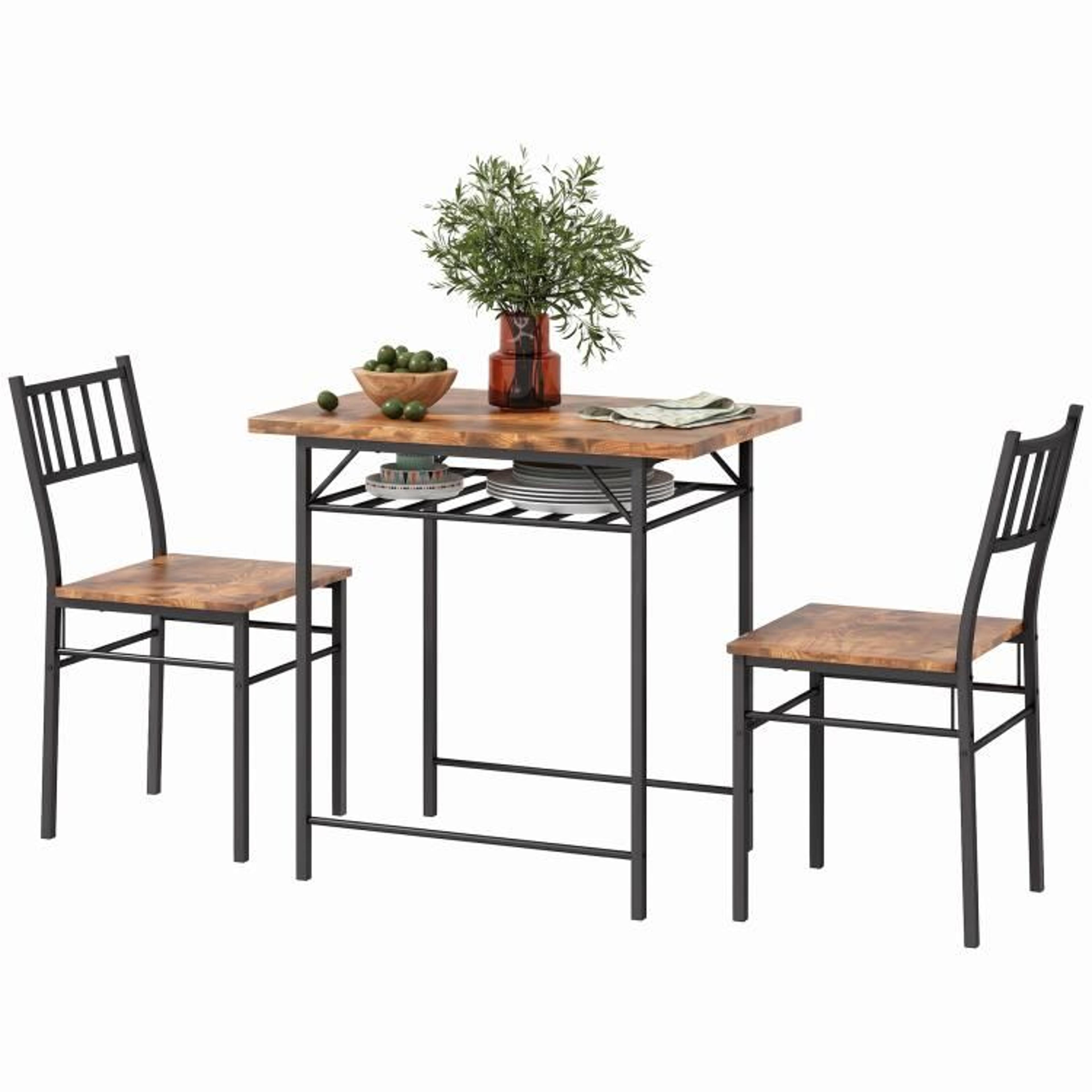 Dining Table Set For 2 With Storage Shelf And Steel Frame  Rustic Brown 1