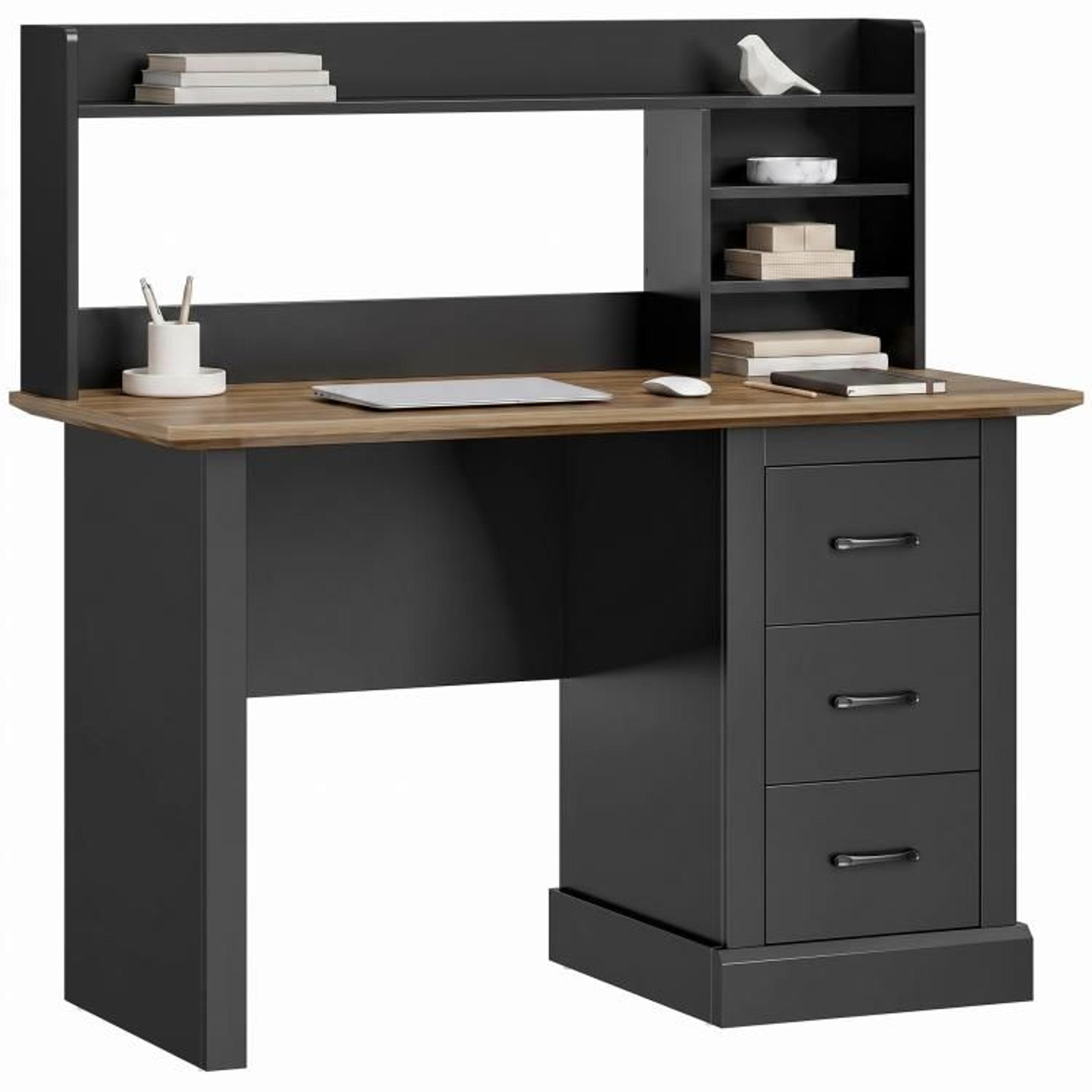 47 Inch Computer Desk With 3 Drawers And Storage Hutch In Walnut And Black 1
