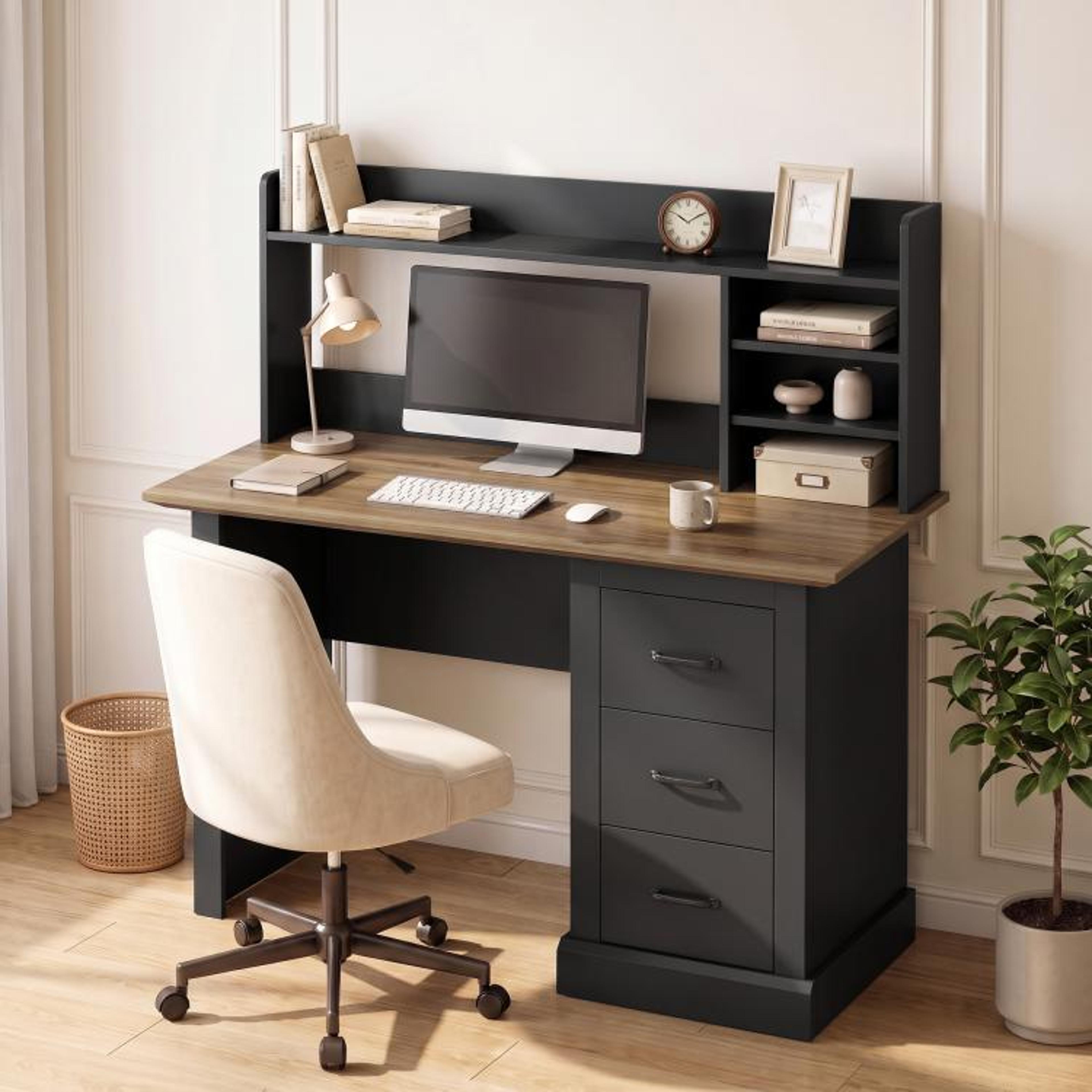47 Inch Computer Desk With 3 Drawers And Storage Hutch In Walnut And Black 2