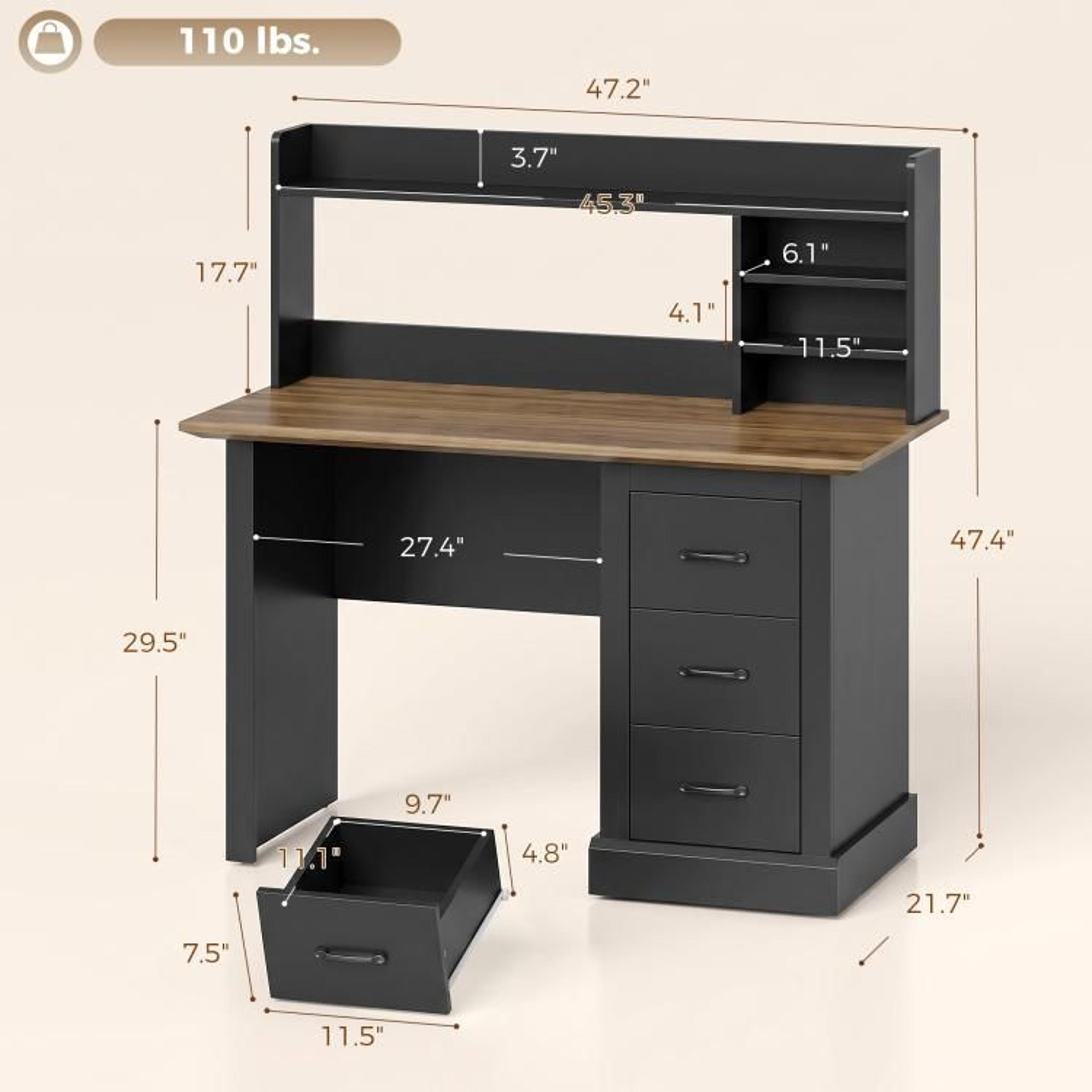 47 Inch Computer Desk With 3 Drawers And Storage Hutch In Walnut And Black 3