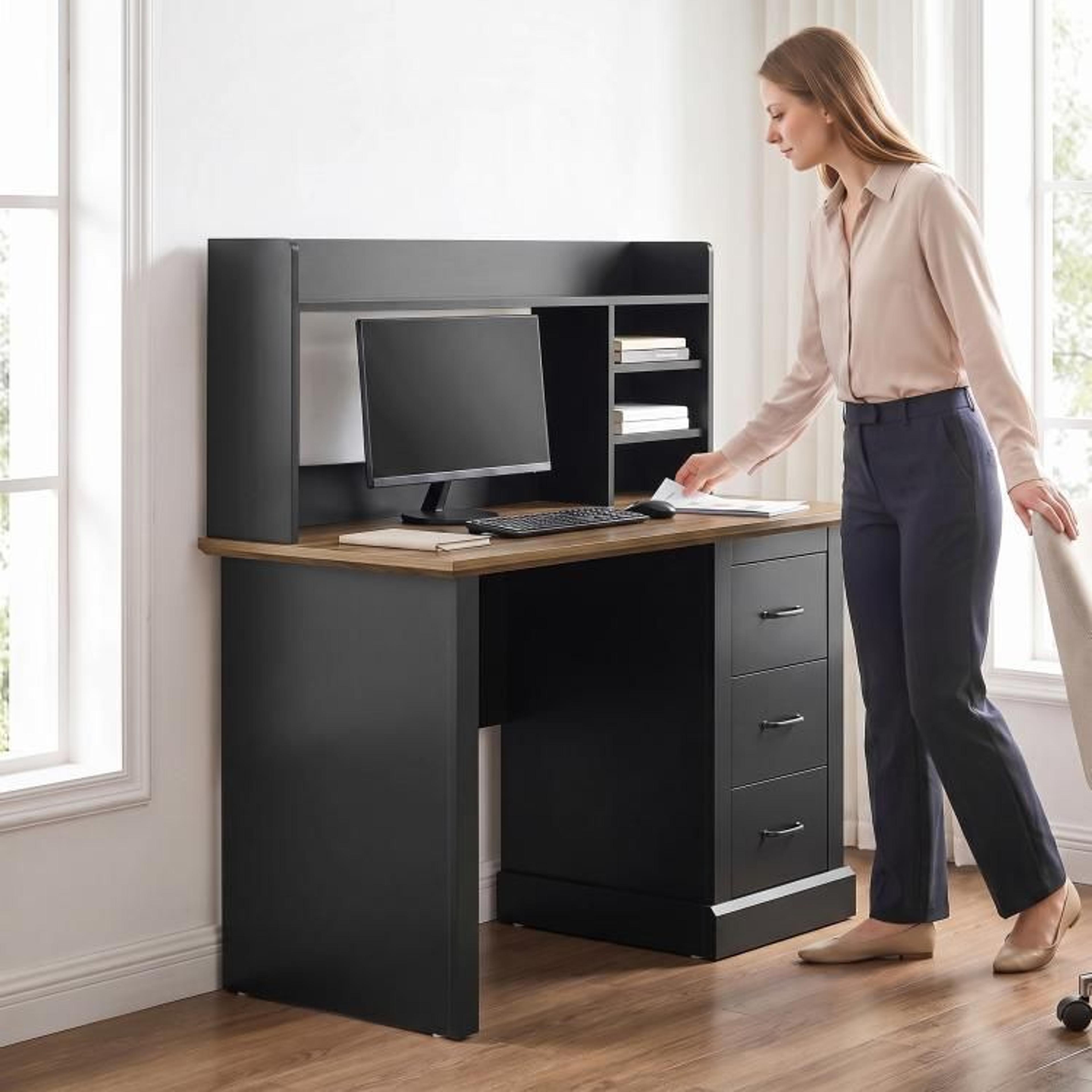 47 Inch Computer Desk With 3 Drawers And Storage Hutch In Walnut And Black 5