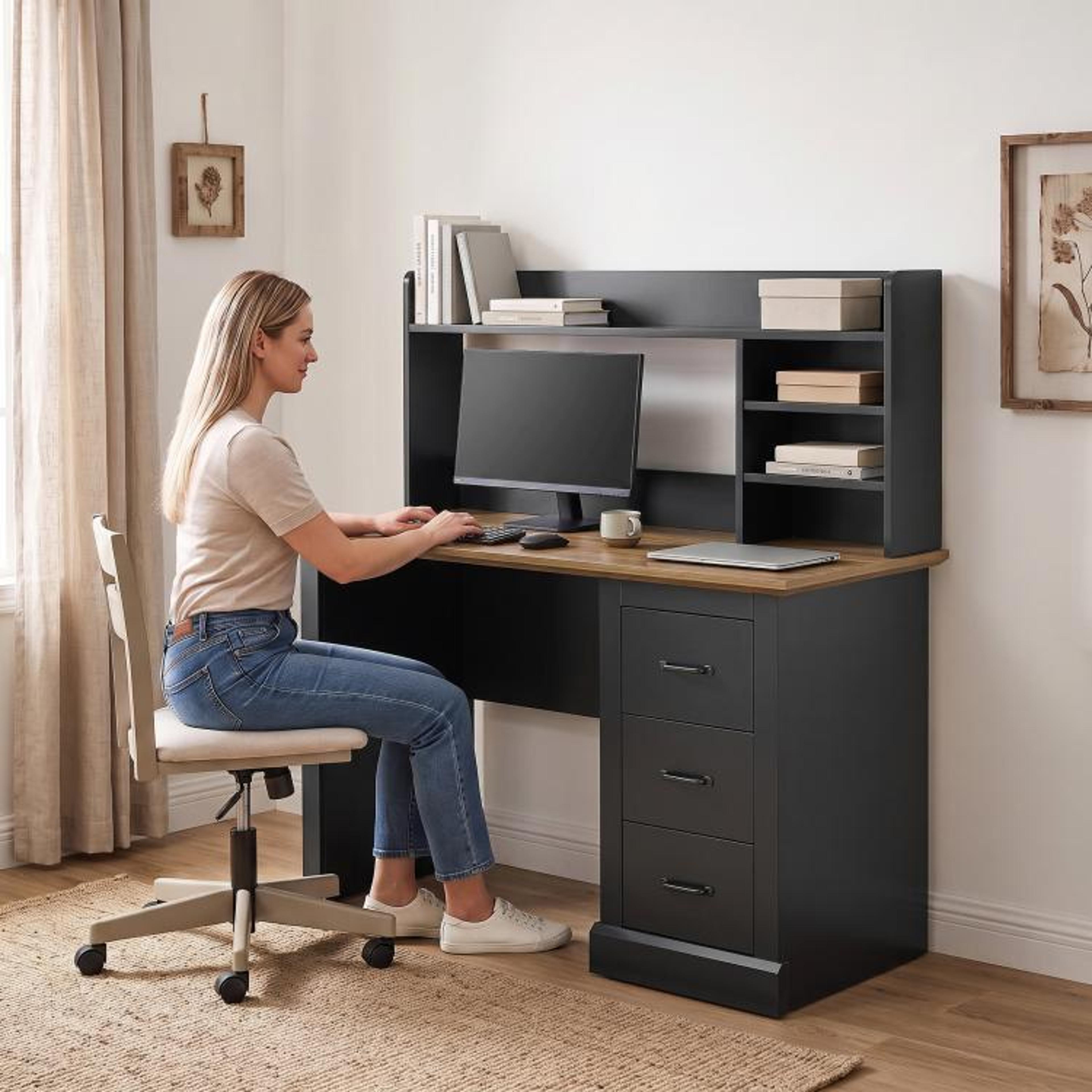 47 Inch Computer Desk With 3 Drawers And Storage Hutch In Walnut And Black 6