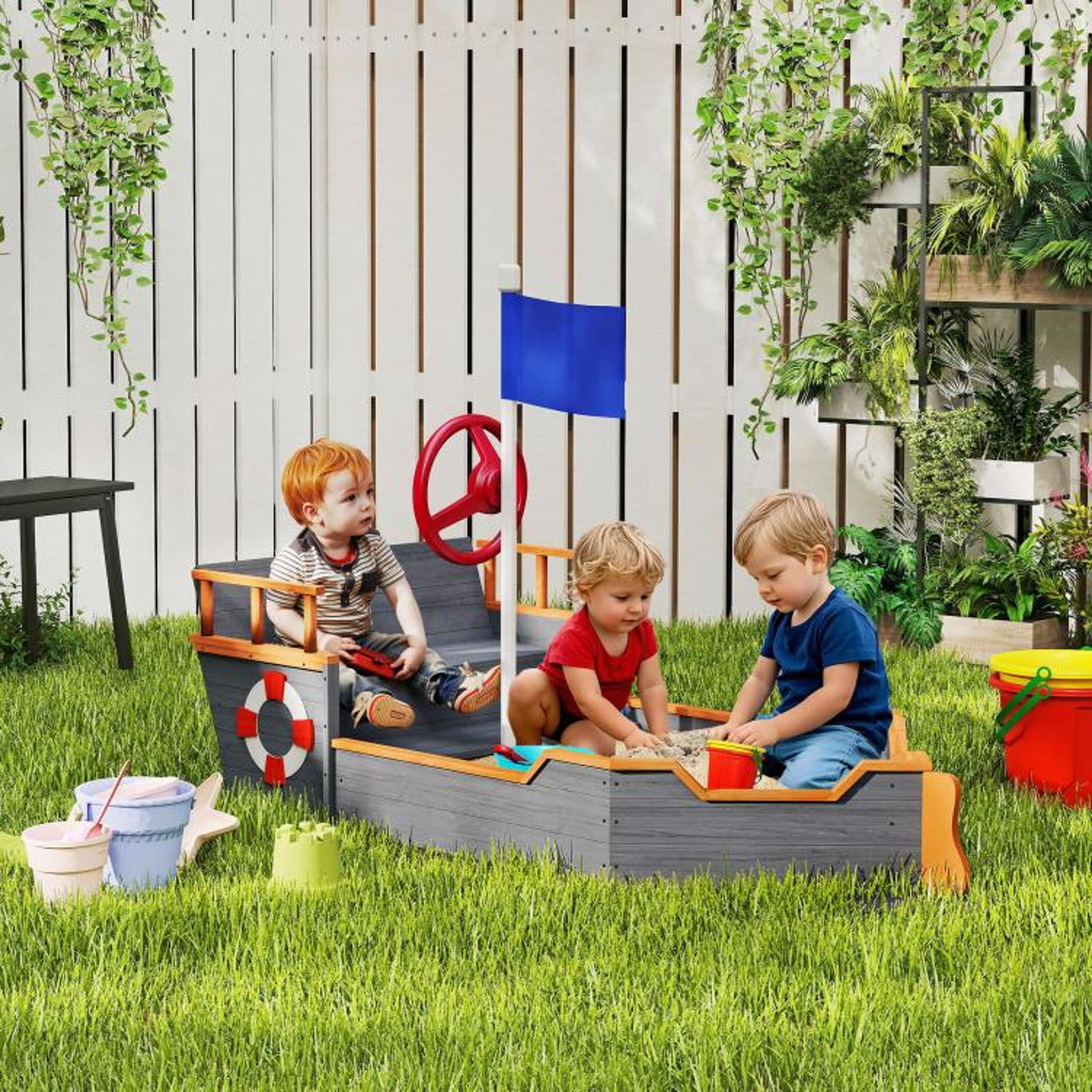 Kids Wooden Pirate Ship Sandbox With Bench Seat And Toy Storage  Gray 2