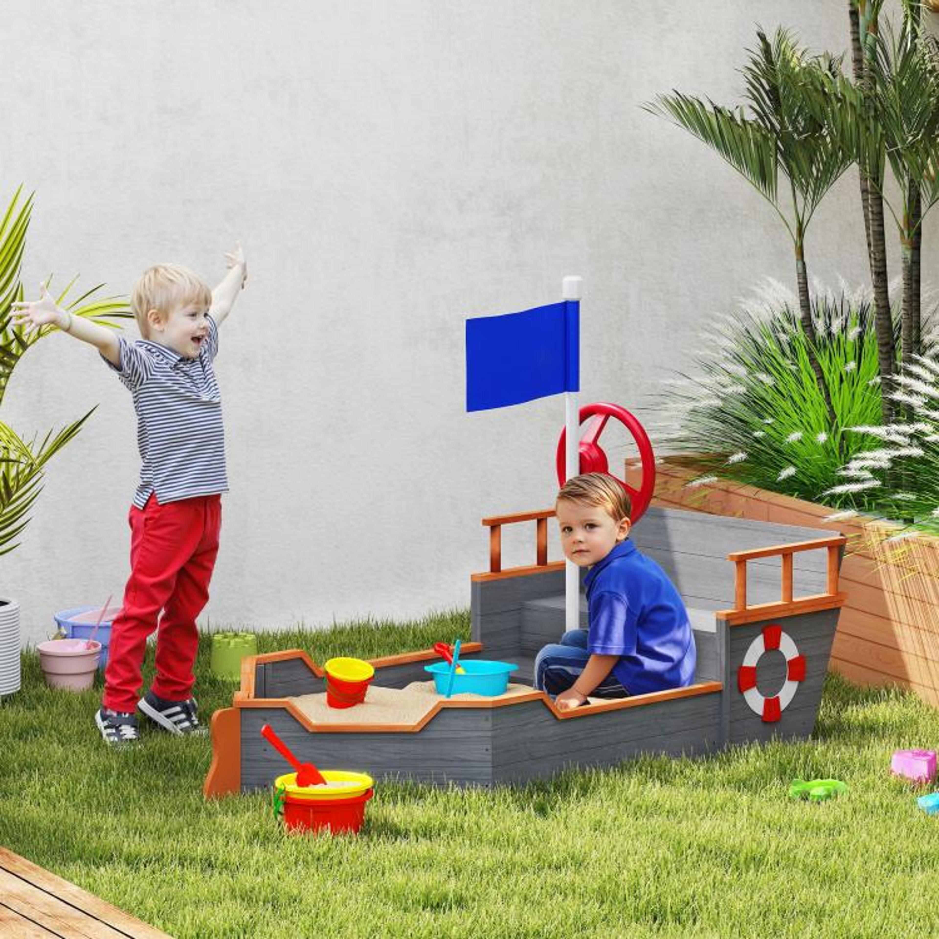Kids Wooden Pirate Ship Sandbox With Bench Seat And Toy Storage  Gray 3