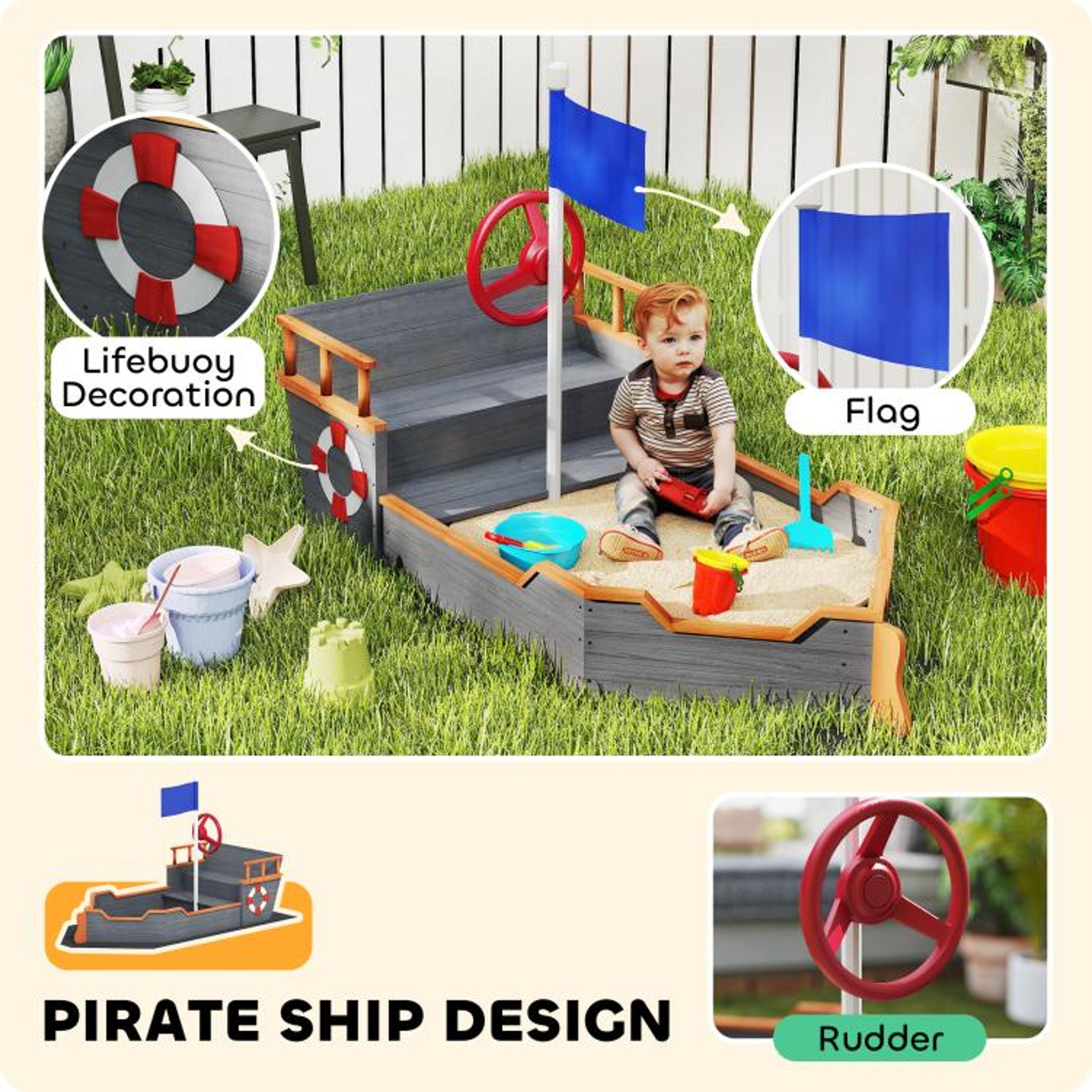 Kids Wooden Pirate Ship Sandbox With Bench Seat And Toy Storage  Gray 5