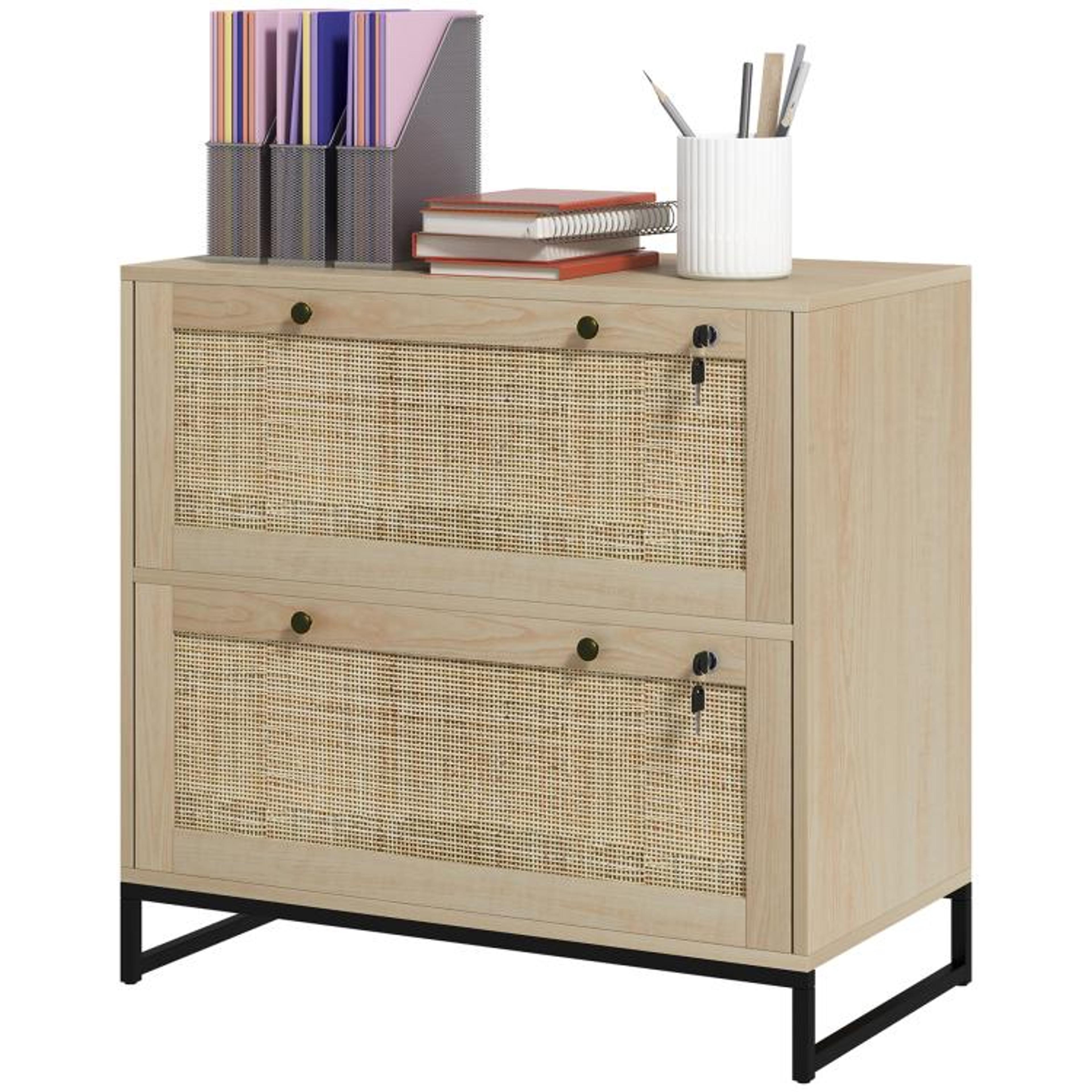 Boho 2Drawer Locking File Cabinet With Rattan Panels And Adjustable Hanging Bars 1