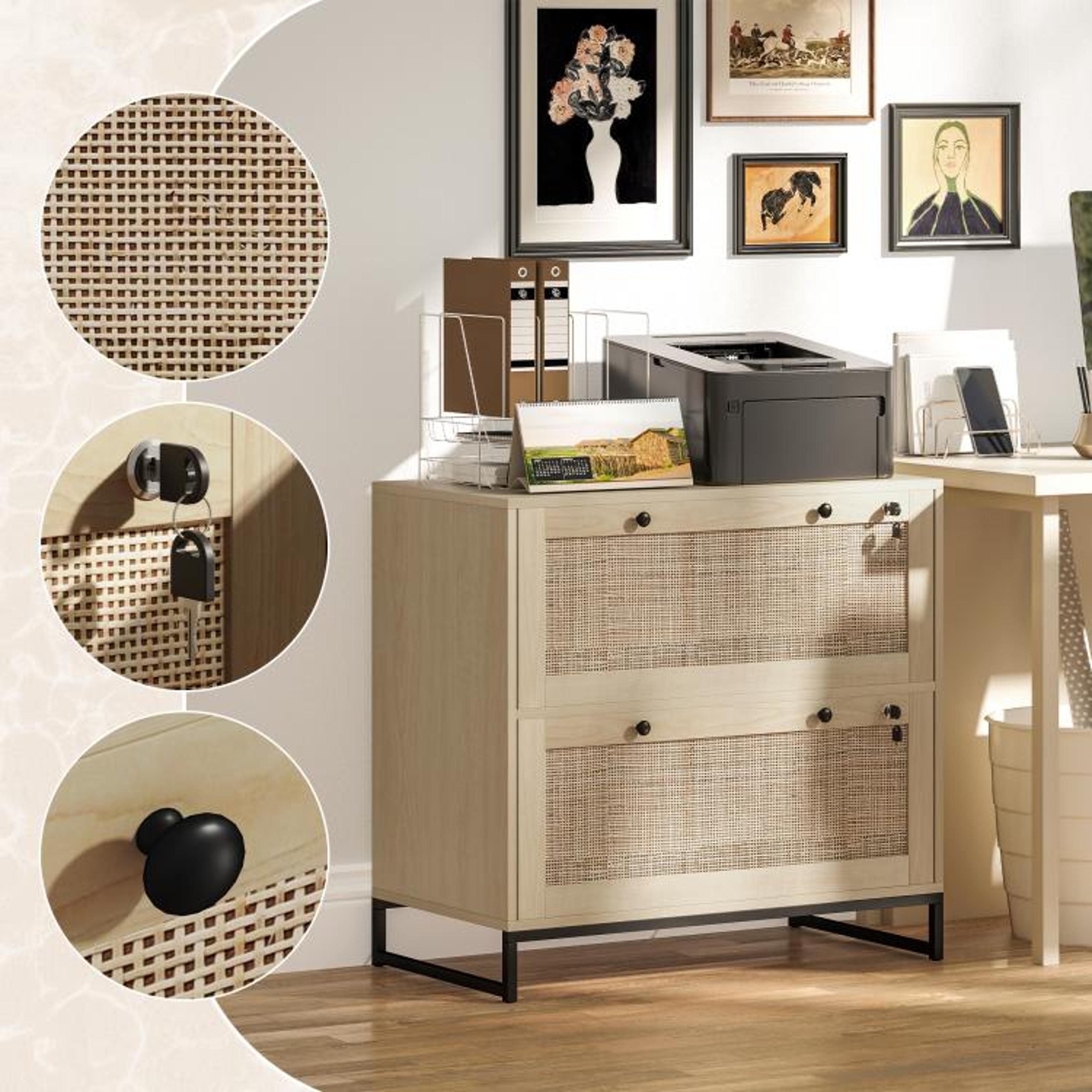 Boho 2Drawer Locking File Cabinet With Rattan Panels And Adjustable Hanging Bars 6