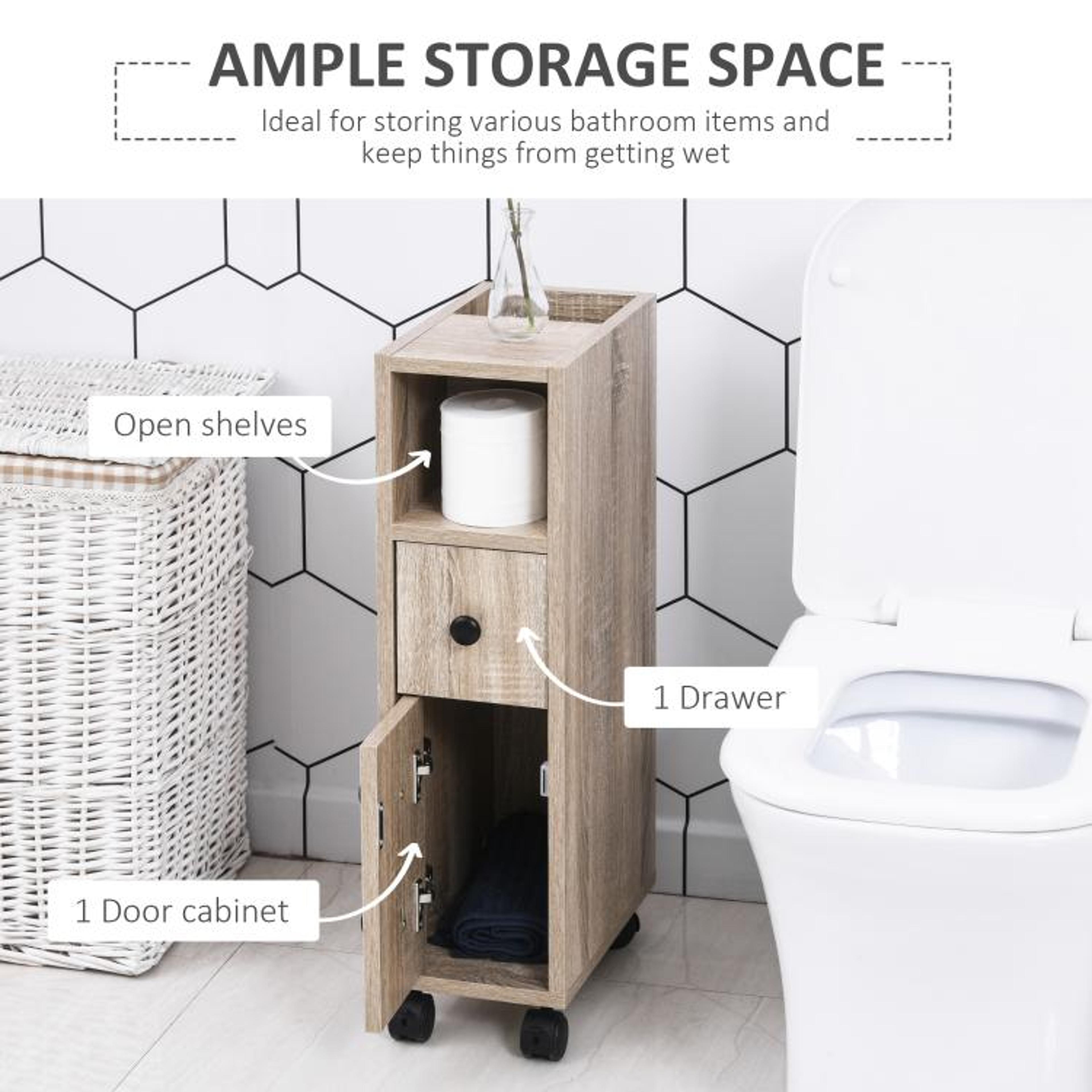 Slim Bathroom Storage Cabinet With Drawer And Rolling Wheels In Oak 5