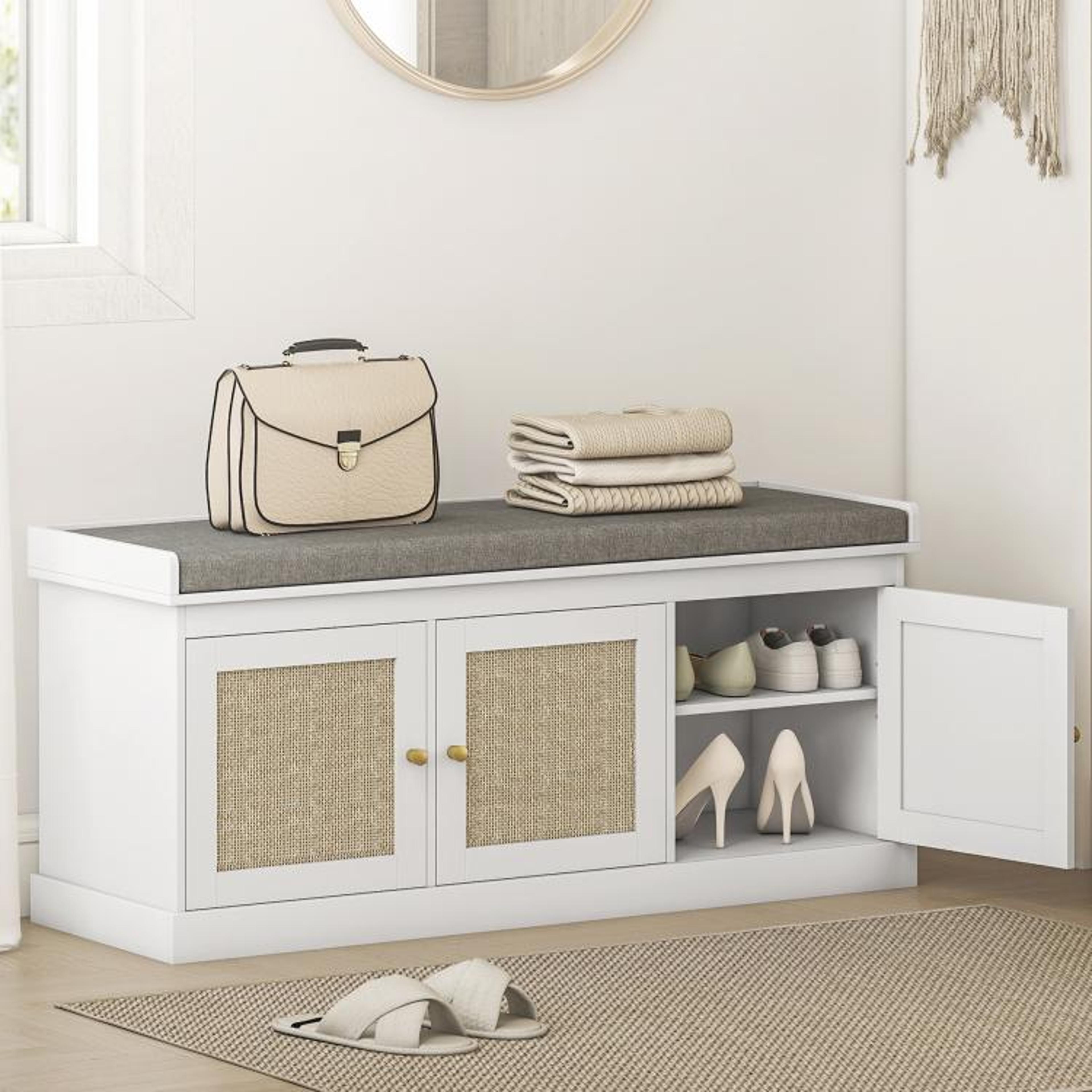 shoe storage bench with woven rattan doors and cushioned seat white