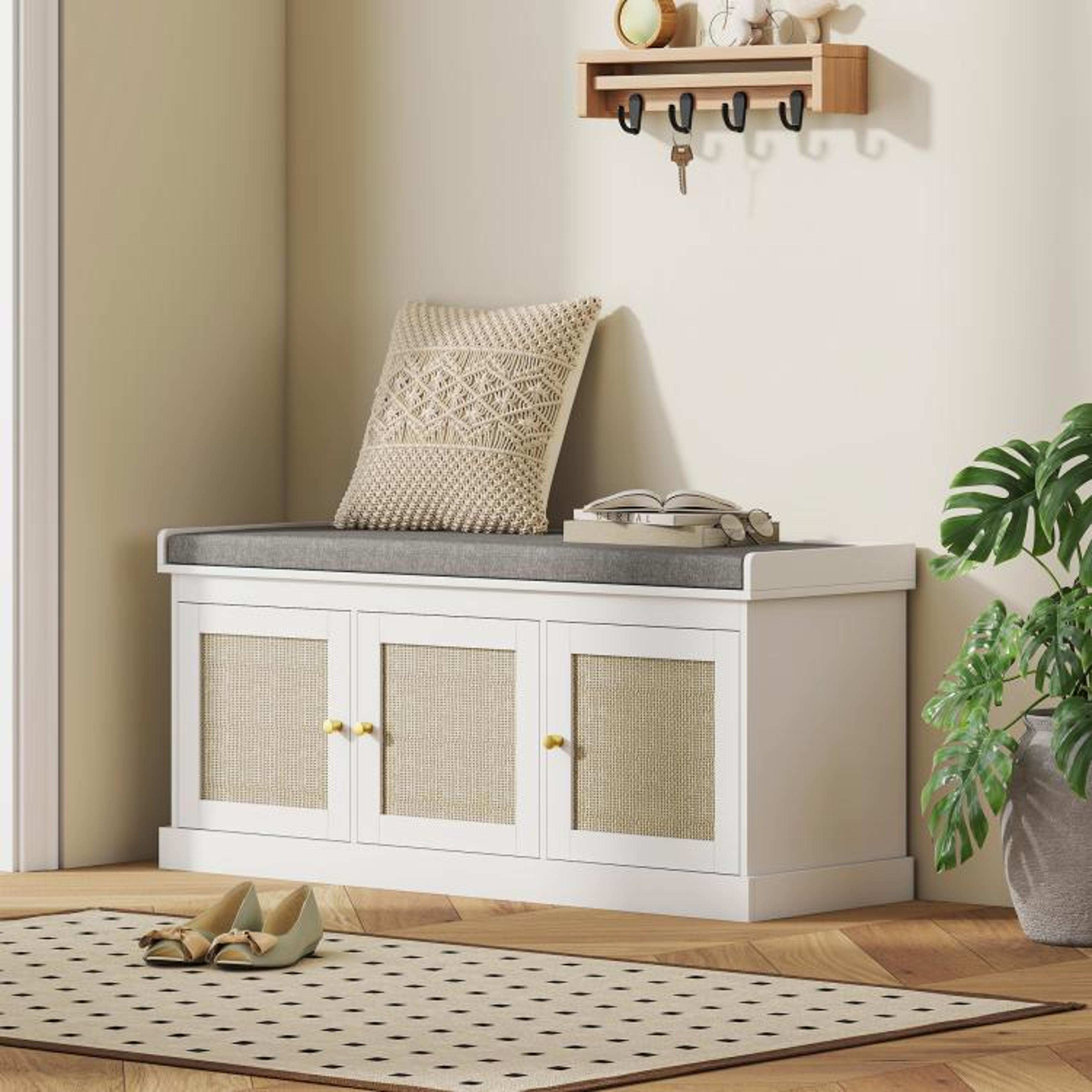 Shoe Storage Bench With Woven Rattan Doors And Cushioned Seat White 3
