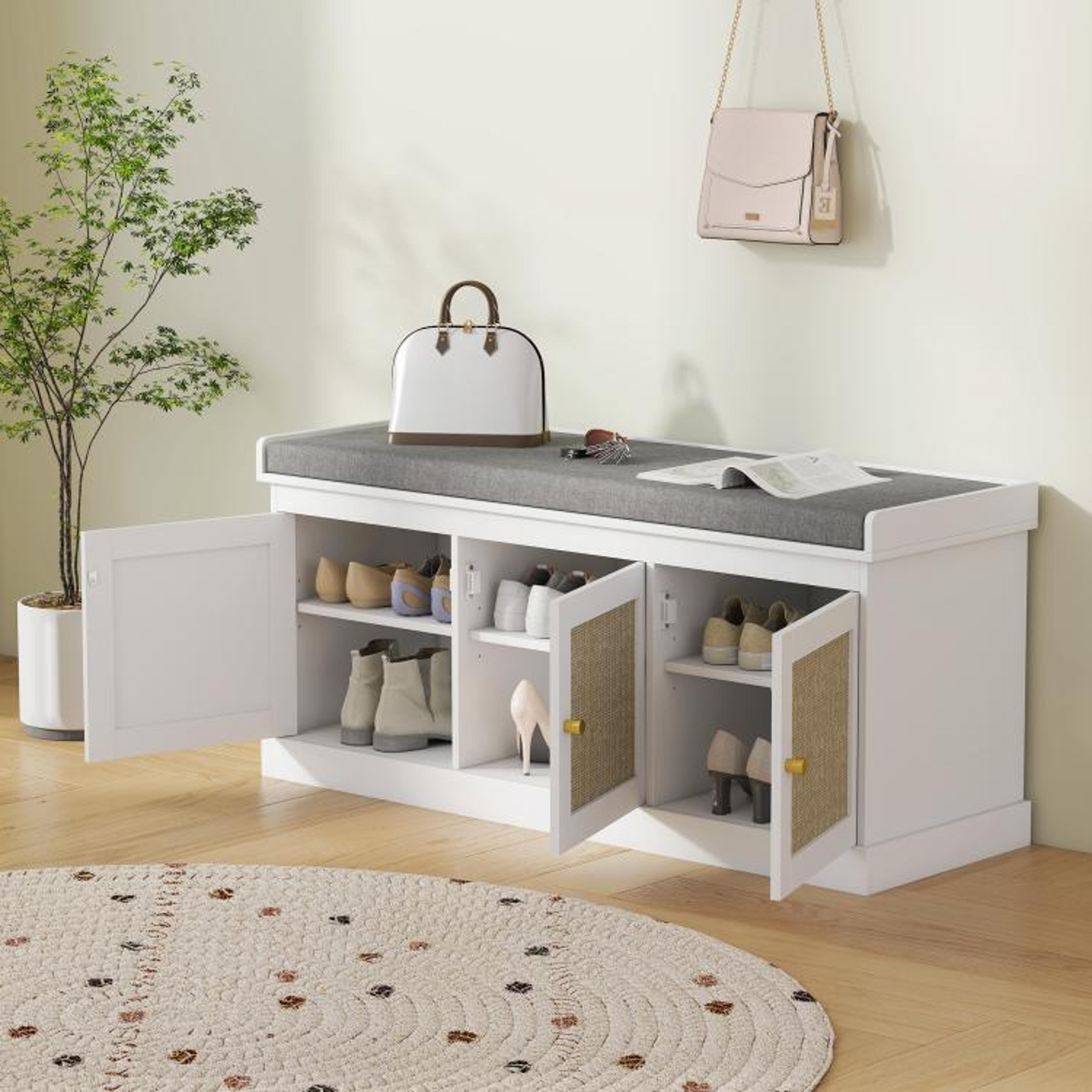 Shoe Storage Bench With Woven Rattan Doors And Cushioned Seat White 4